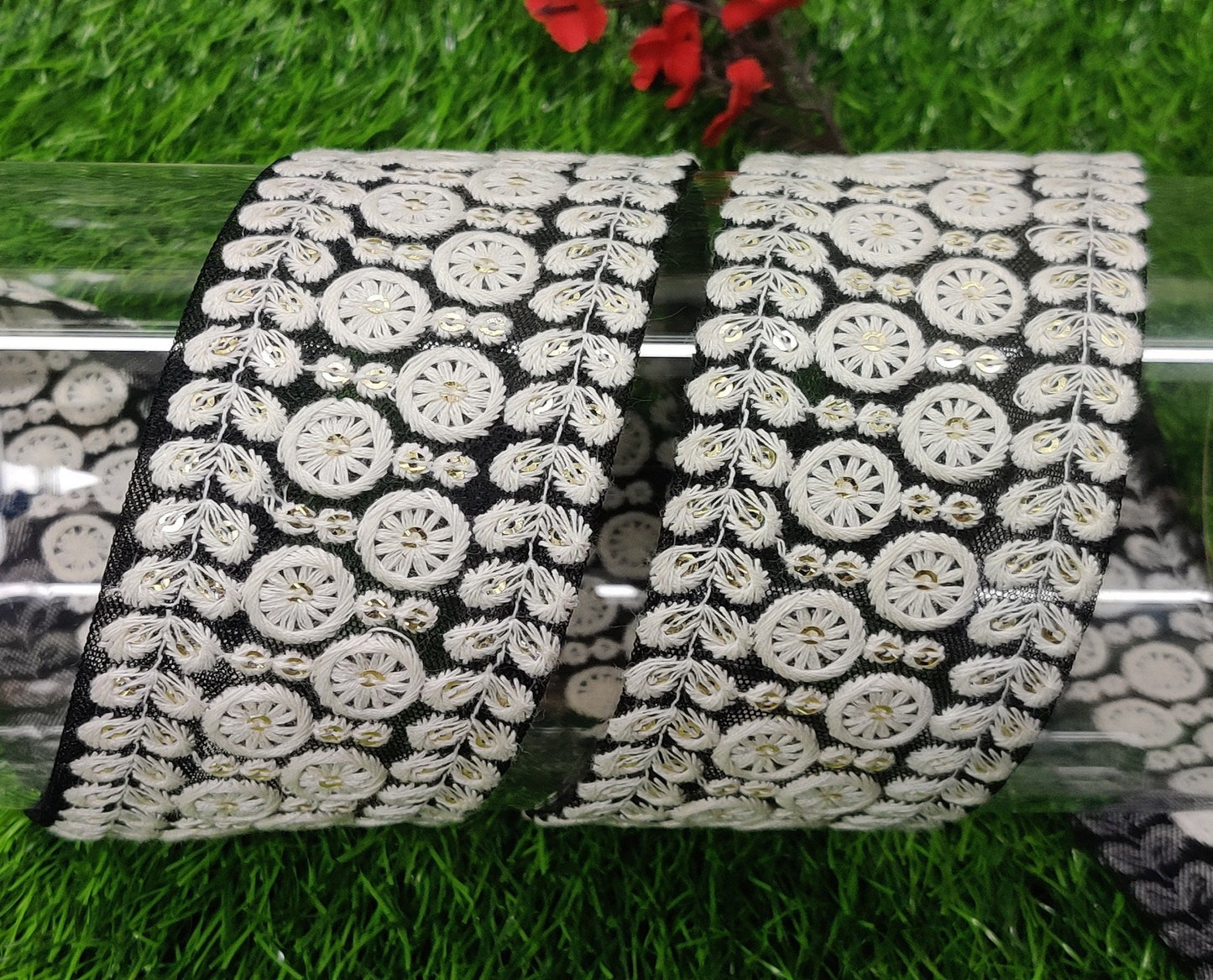9 yard 5.0 cm wide Indian Saree Border Boho Lace Embroidery Ribbon Cushion Table runner curtains wedding Sewing Crafting Trim Headbands