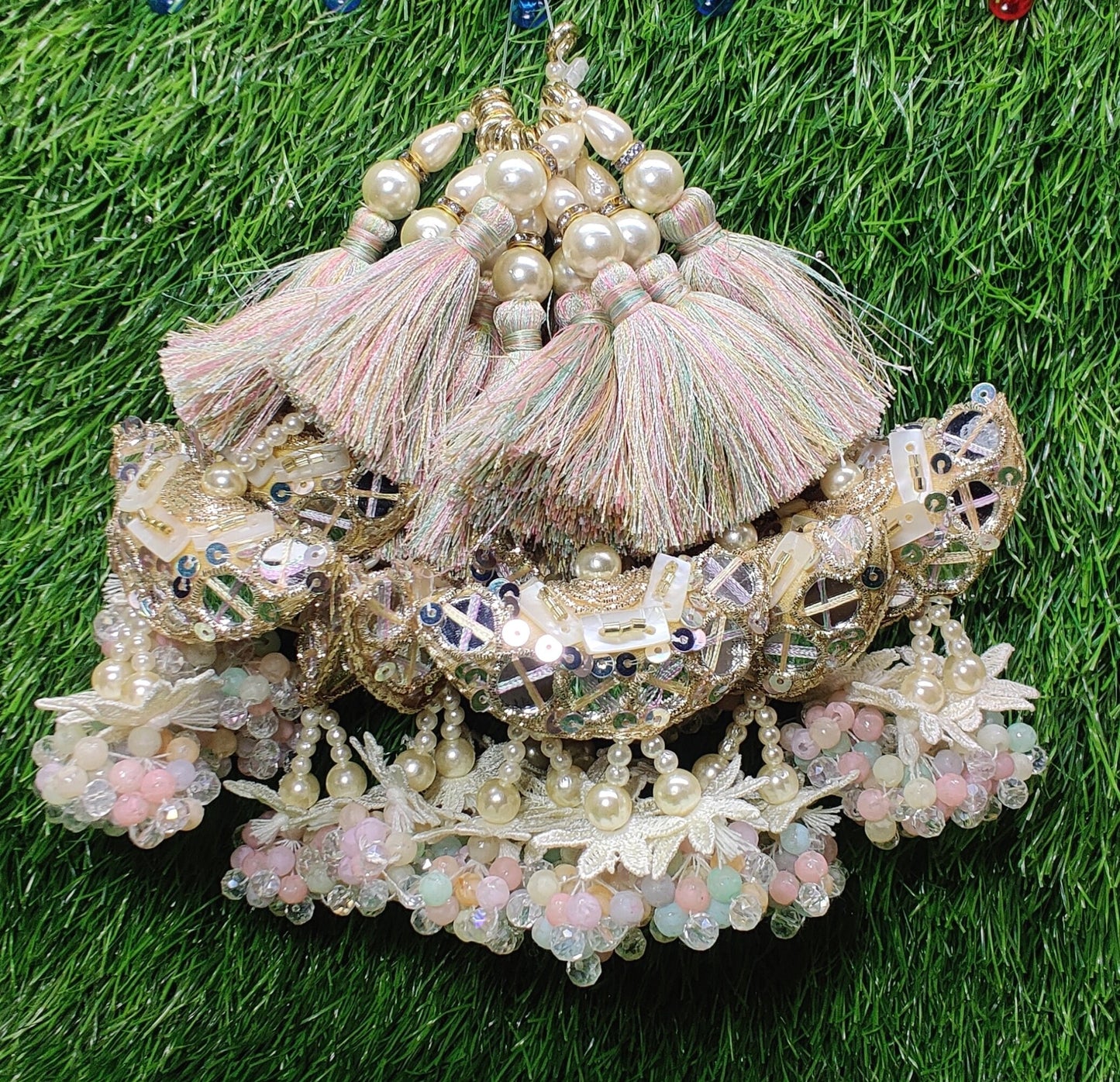 Indian Handmade Golden Beaded Latkan Tassels for Saree Blouse HandBags Hangings Dupatta Bridal Wedding dress for Women pair of 2 pcs