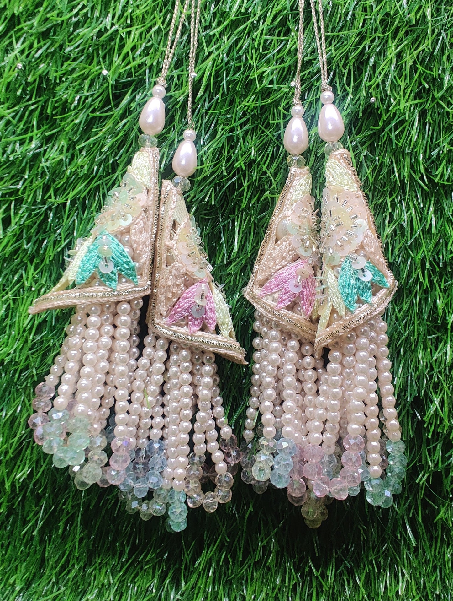 Indian Handmade Light Golden Beaded Latkan Tassels for Saree Blouse HandBags Hangings Dupatta Bridal Wedding dress for Women pair of 2 pcs