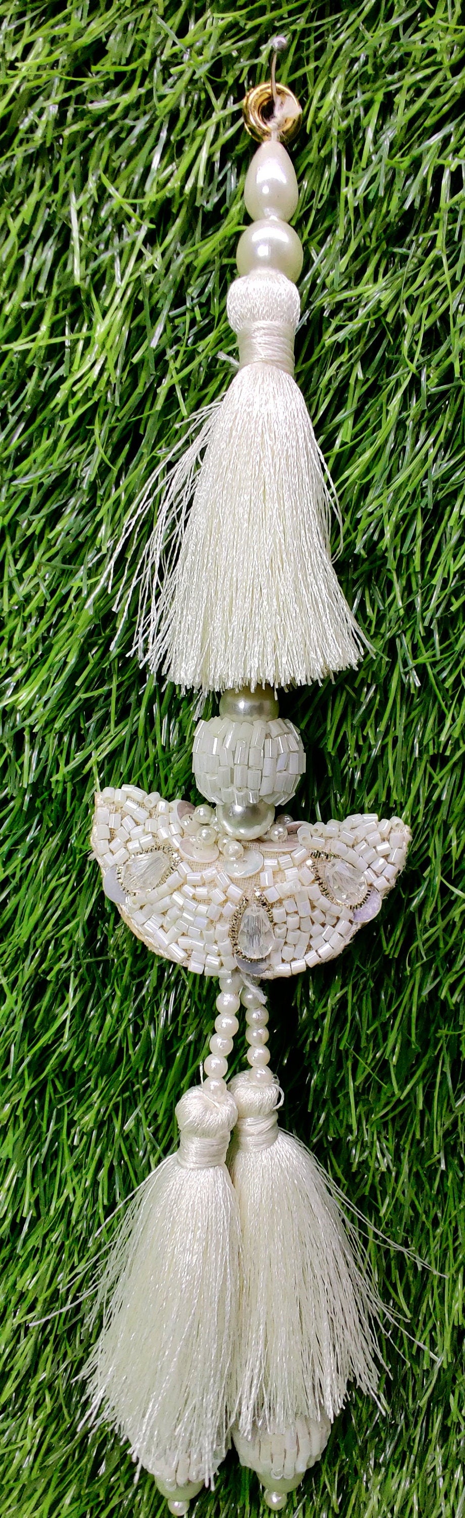 Indian White color Handmade Beaded Latkan Tassels for Saree Blouse HandBags Hangings Dupatta Bridal Wedding dress for Women pair of 2 pcs
