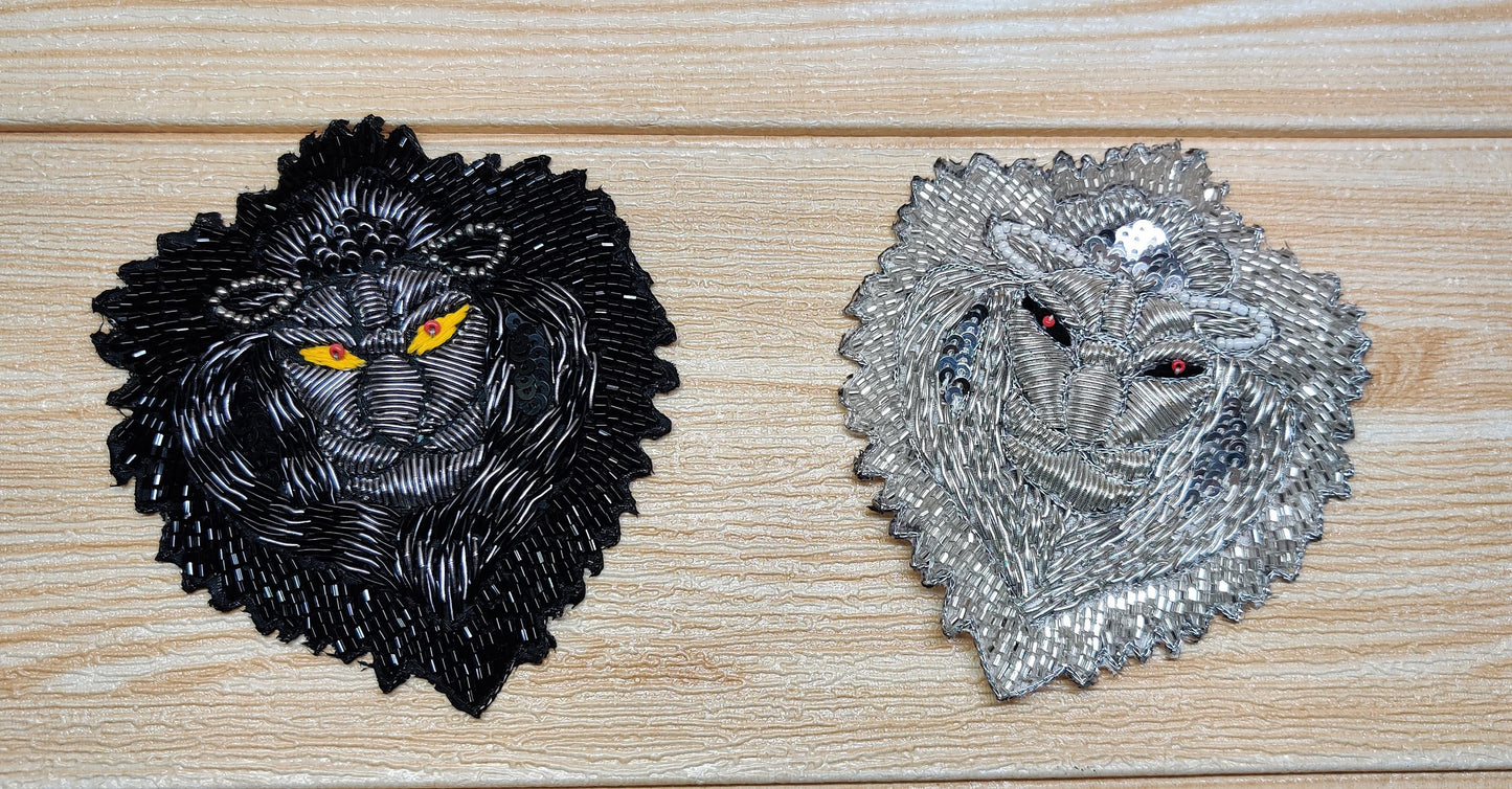 Indian Handmade Lion Face Design Patches Embroidered Sewing Thread Dresses Handcrafted Appliques Cushion Crafting Bags, 1 Piece