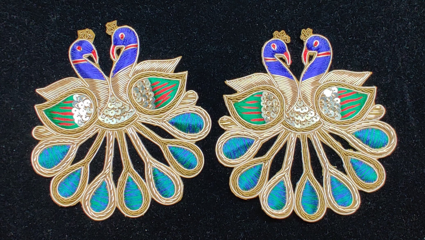 Indian Handmade Peacock Design Patches Embroidered Sewing Thread Dresses Handcrafted Appliques Cushion Crafting Bags, 1 Piece