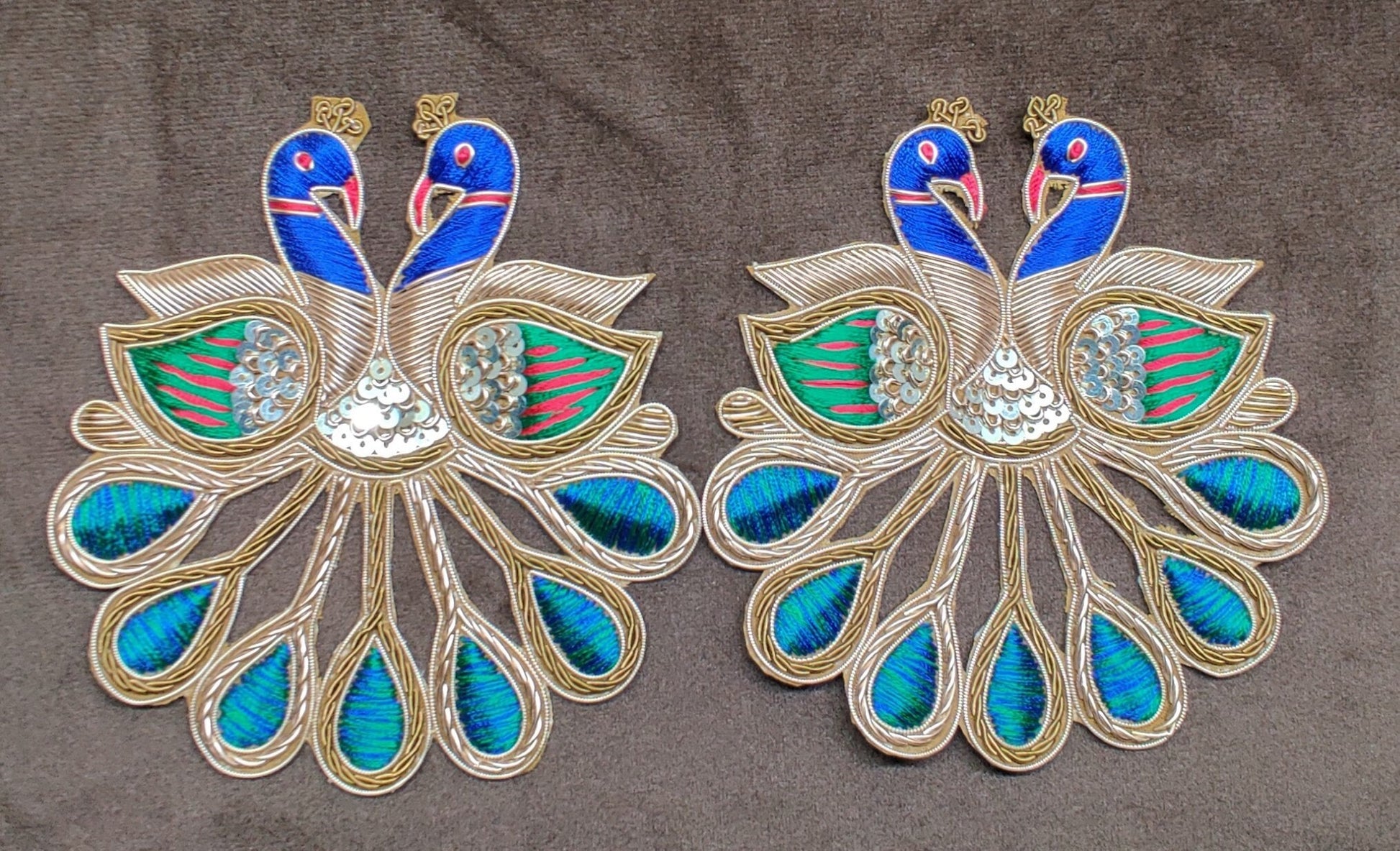 Indian Handmade Peacock Design Patches Embroidered Sewing Thread Dresses Handcrafted Appliques Cushion Crafting Bags, 1 Piece