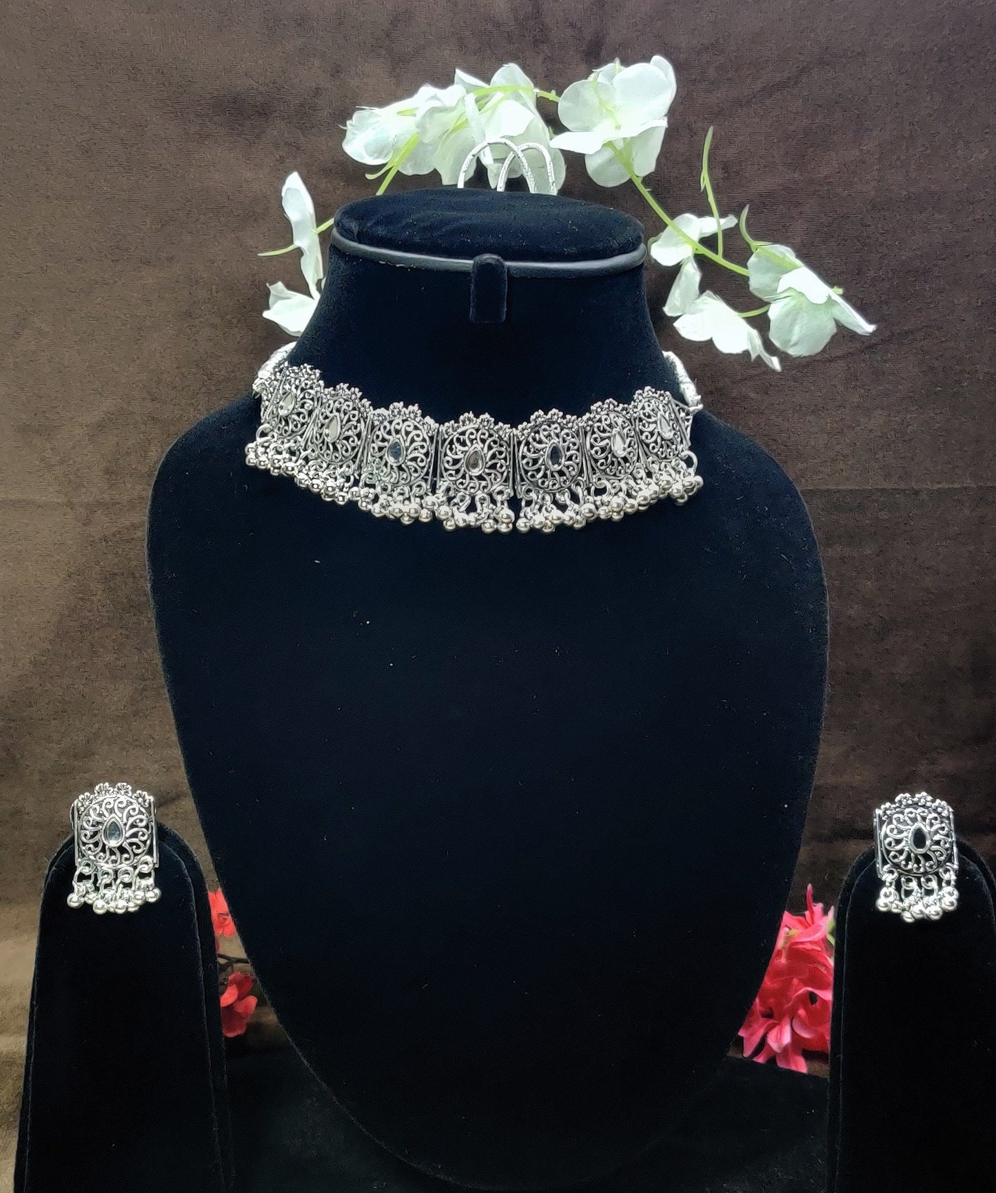 Indian Oxidized Silver Plated Handmade Necklace set with Earrings Designer Jewellery set Party wear Jewelry set choker jhumka jhumki