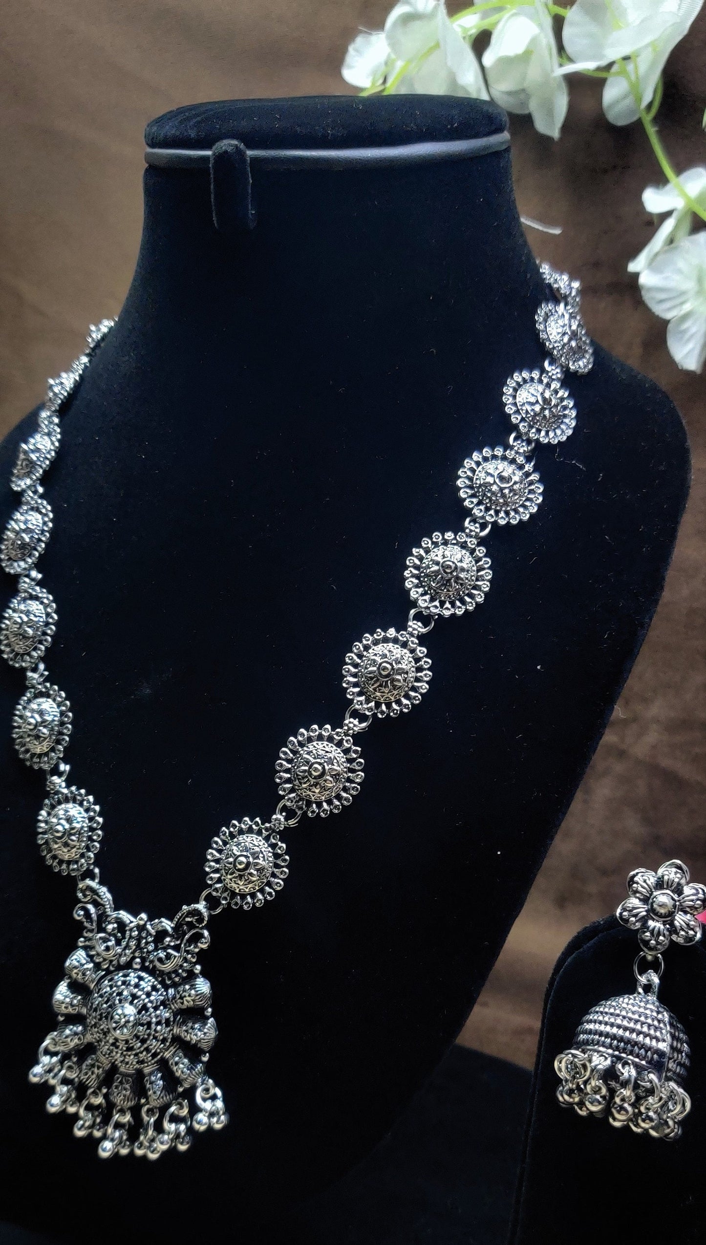 Indian Oxidized Silver Plated Handmade Long Necklace set with Earrings Designer Jewellery set Party wear Jewelry set choker jhumka jhumki