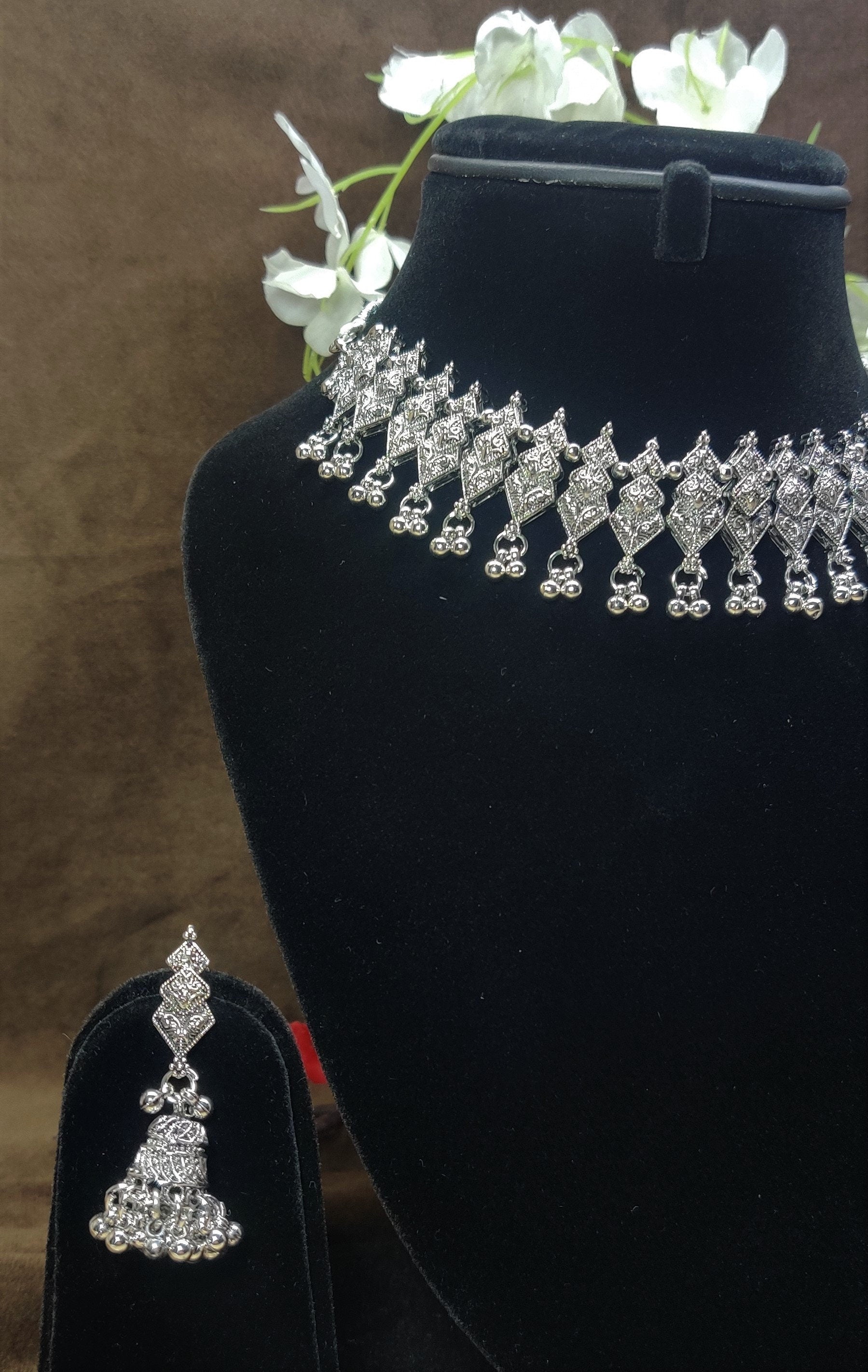 Indian Oxidized Silver Plated Handmade Necklace set with Earrings Designer Jewellery set Party wear Jewelry set choker jhumka jhumki