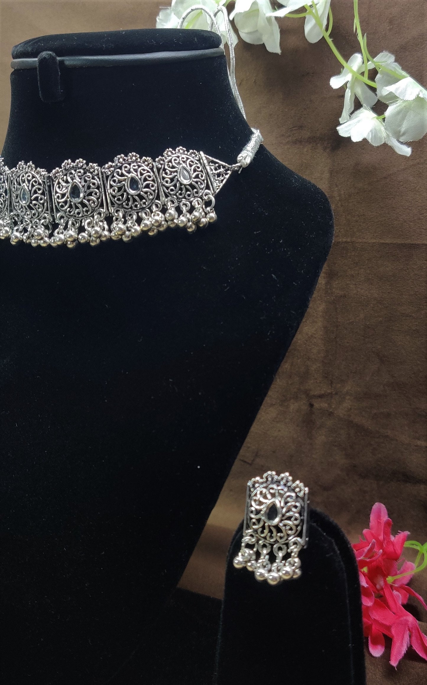 Indian Oxidized Silver Plated Handmade Necklace set with Earrings Designer Jewellery set Party wear Jewelry set choker jhumka jhumki