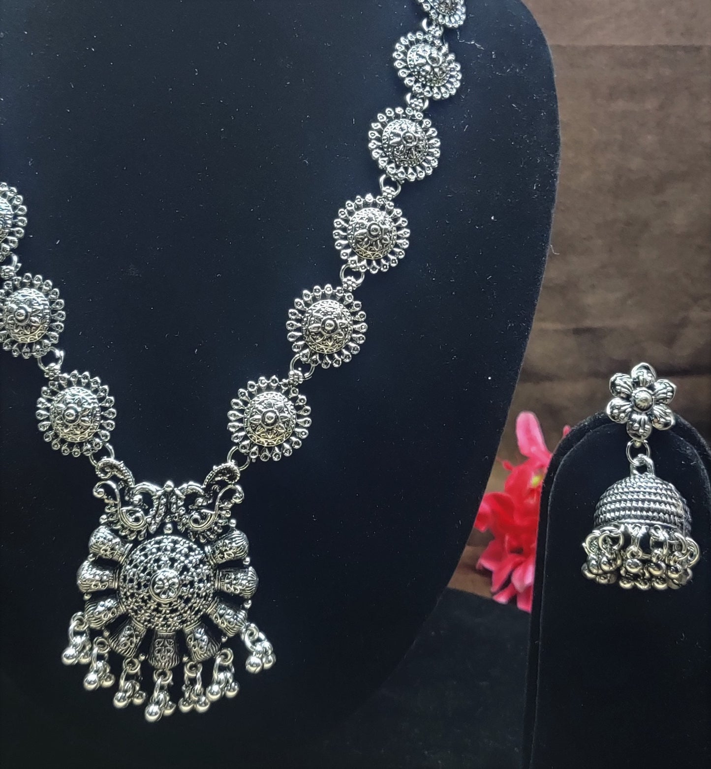 Indian Oxidized Silver Plated Handmade Long Necklace set with Earrings Designer Jewellery set Party wear Jewelry set choker jhumka jhumki