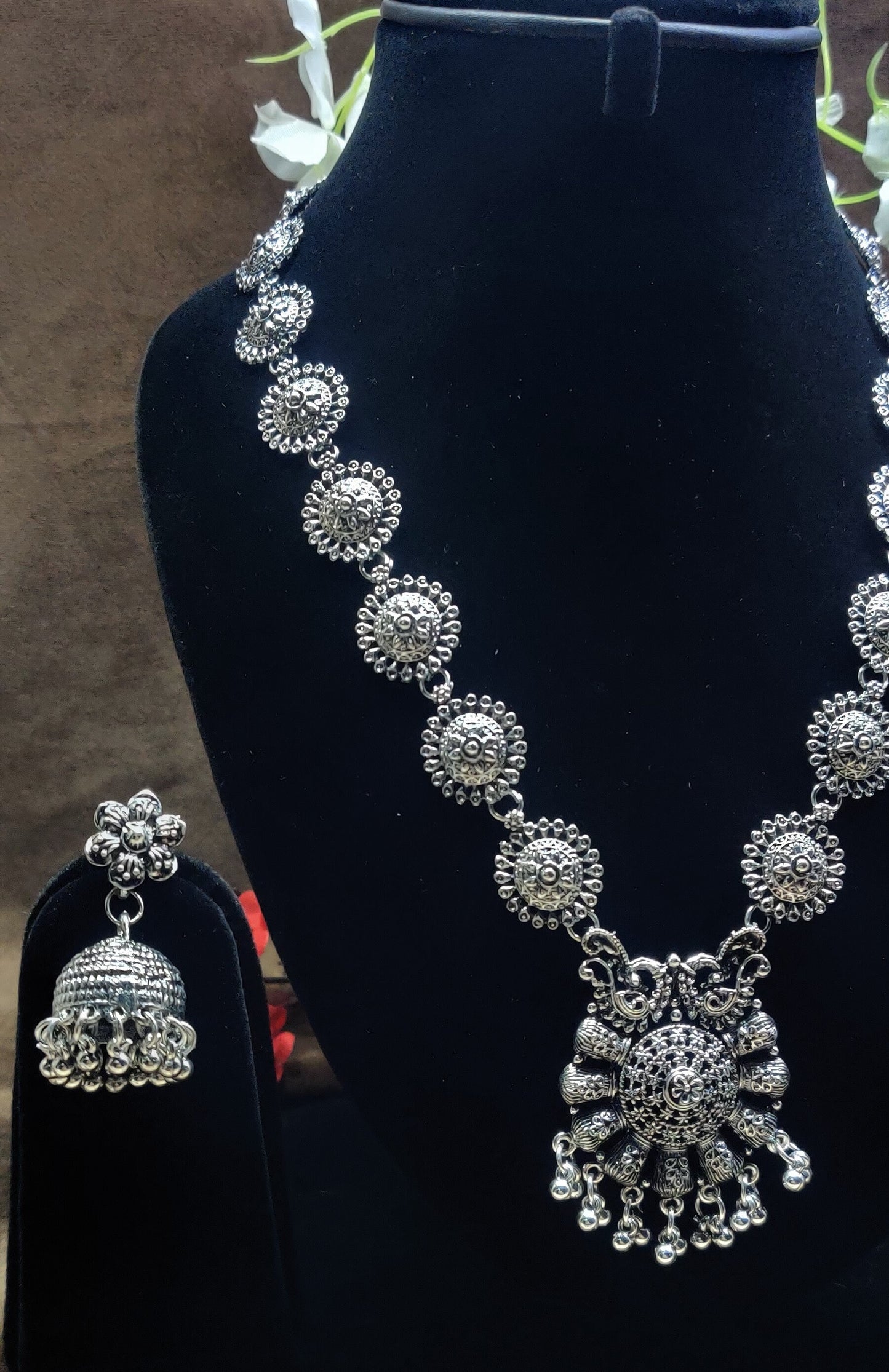 Indian Oxidized Silver Plated Handmade Long Necklace set with Earrings Designer Jewellery set Party wear Jewelry set choker jhumka jhumki