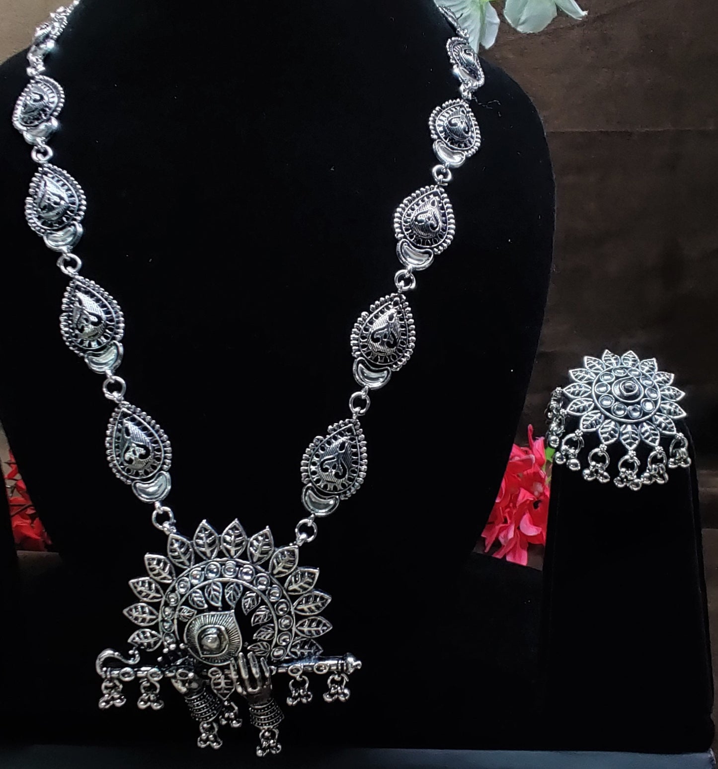 Indian Oxidized Silver Plated Handmade Long Necklace set with Earrings Designer Jewellery set Party wear Jewelry set choker jhumka jhumki