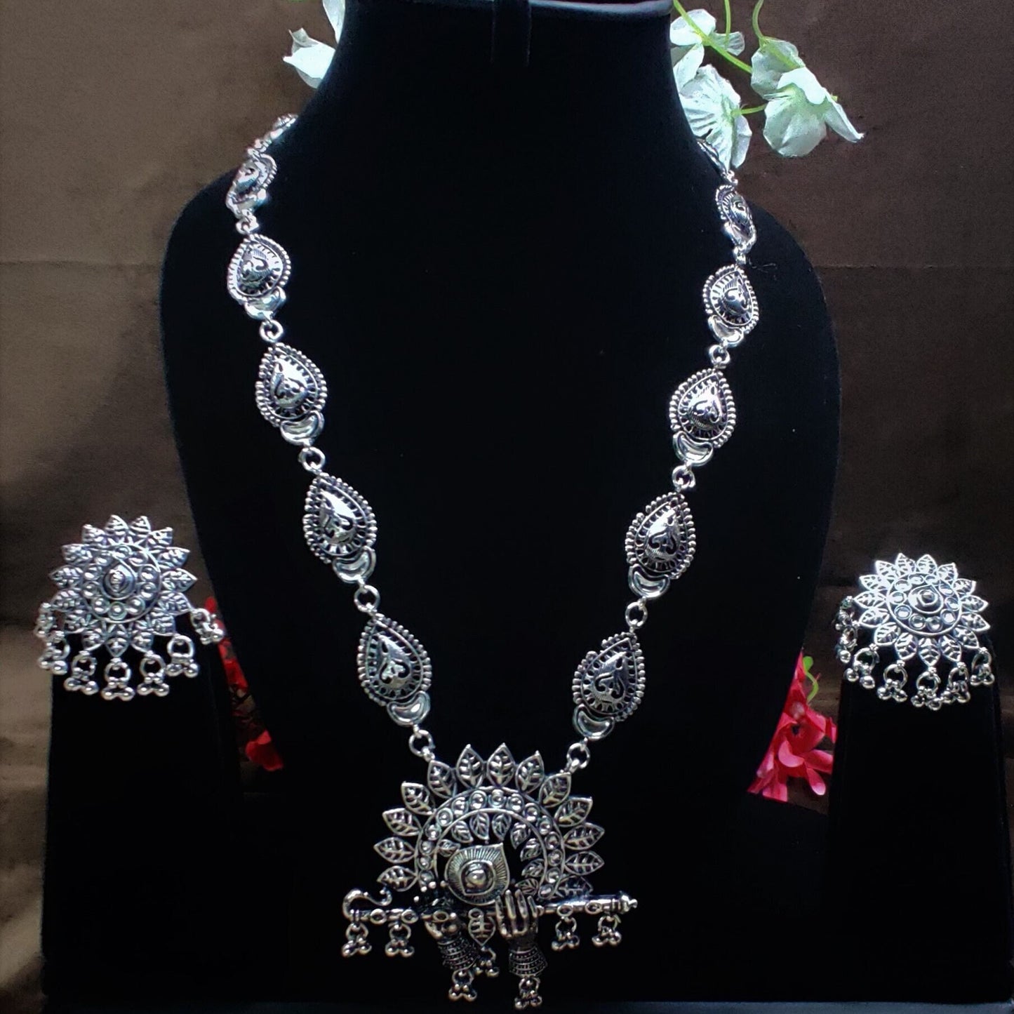 Indian Oxidized Silver Plated Handmade Long Necklace set with Earrings Designer Jewellery set Party wear Jewelry set choker jhumka jhumki