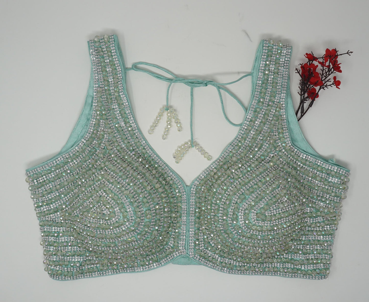Designer Blouse, Cyan Green color, Crystal Beaded, Ready to wear, Best seller,Indian Bridal Saree Blouse, Christmas, latest design for women