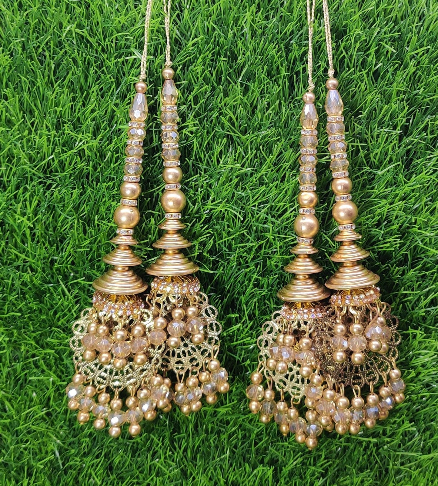 Gold Indian Beaded Tassel for Saree Blouse Lehenga Embellished HandBags Dupatta Decorative dress Latkan for Women 1 Pair
