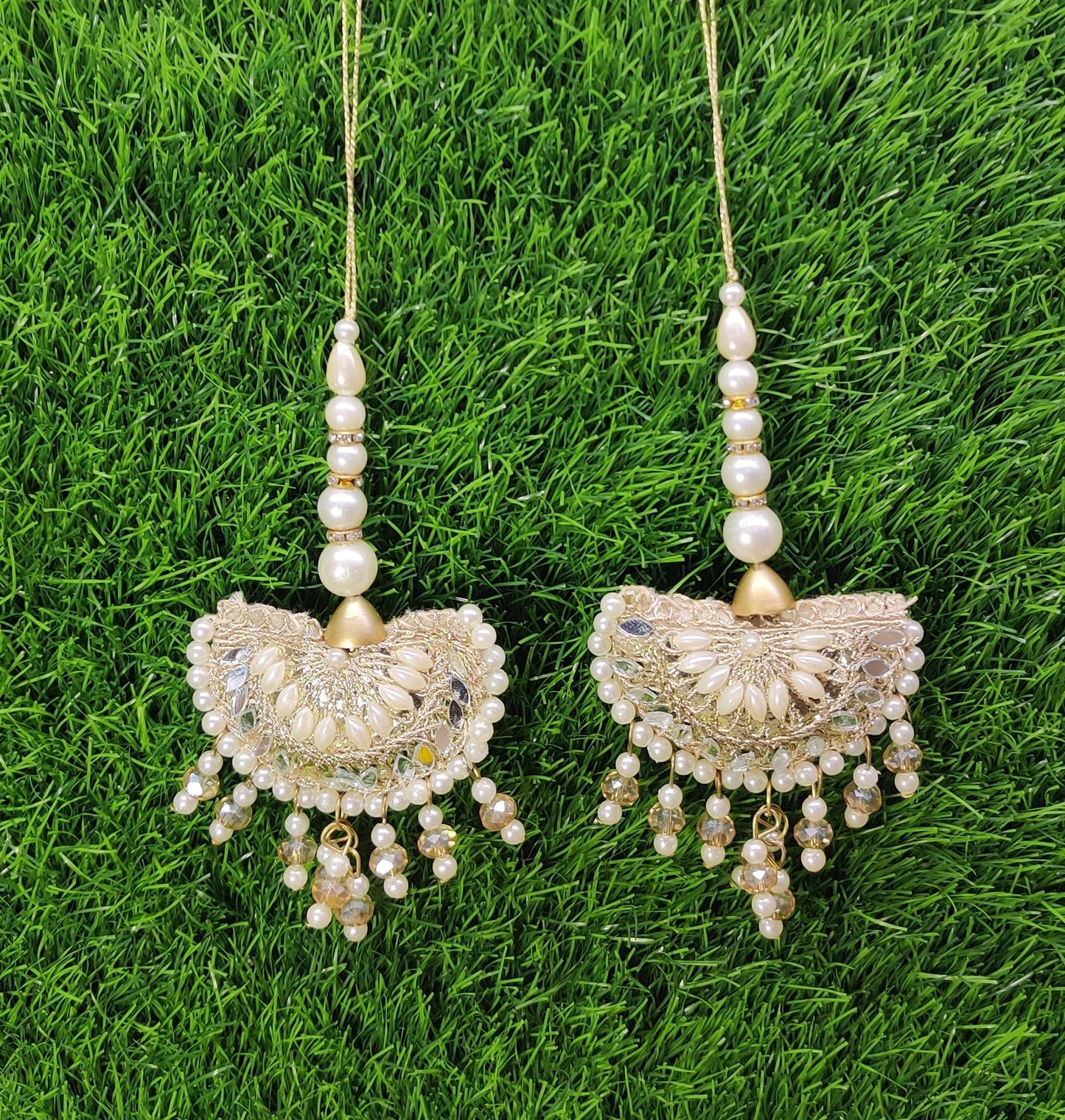 Off White Indian Beaded Cushioned Tassel for Saree Blouse Lehenga Embellished HandBags Dupatta Decorative dress Latkan for Women 1 Pair