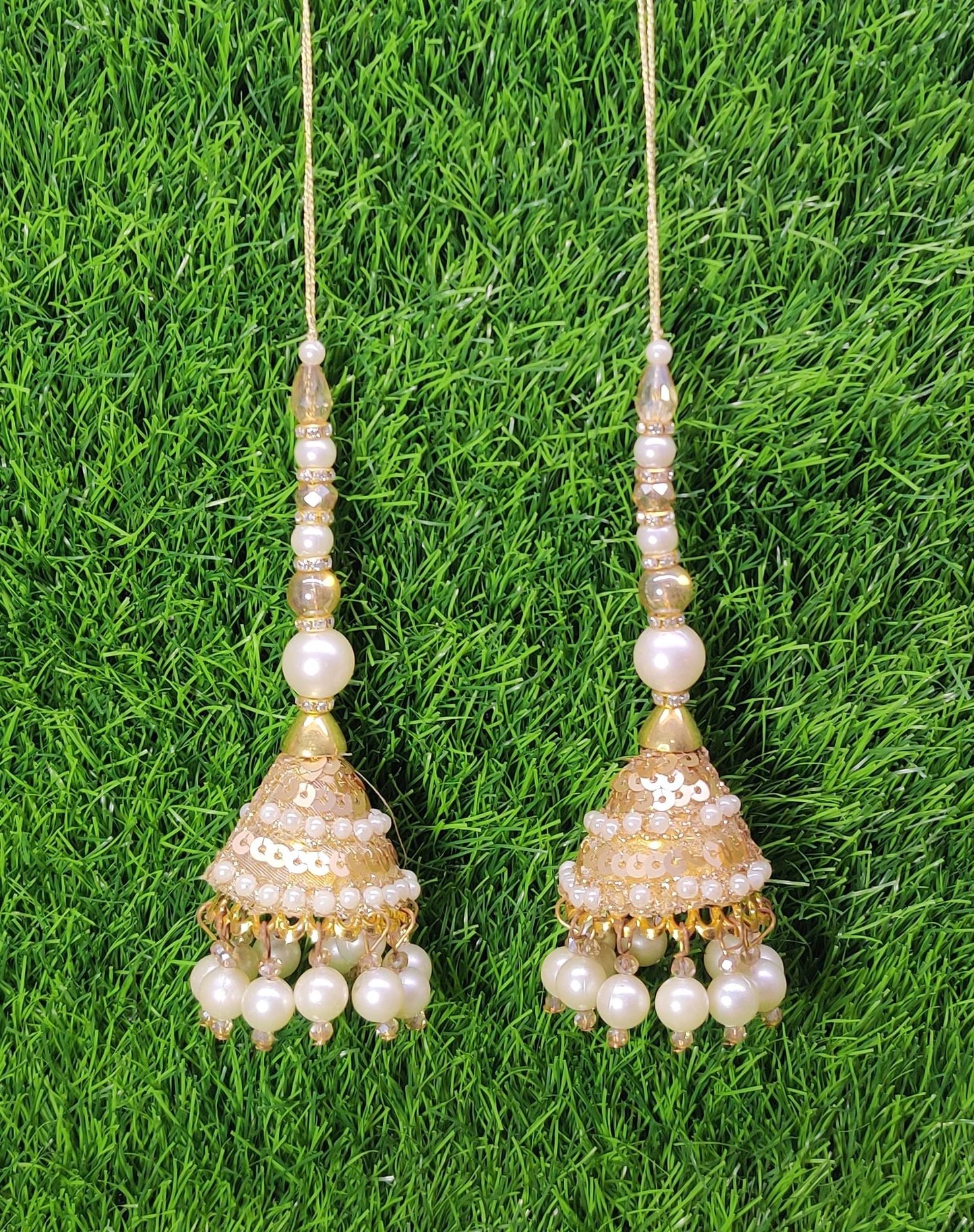 Gold Indian Beaded Tassel for Saree Blouse Lehenga Embellished HandBags Dupatta Decorative dress Latkan for Women 1 Pair