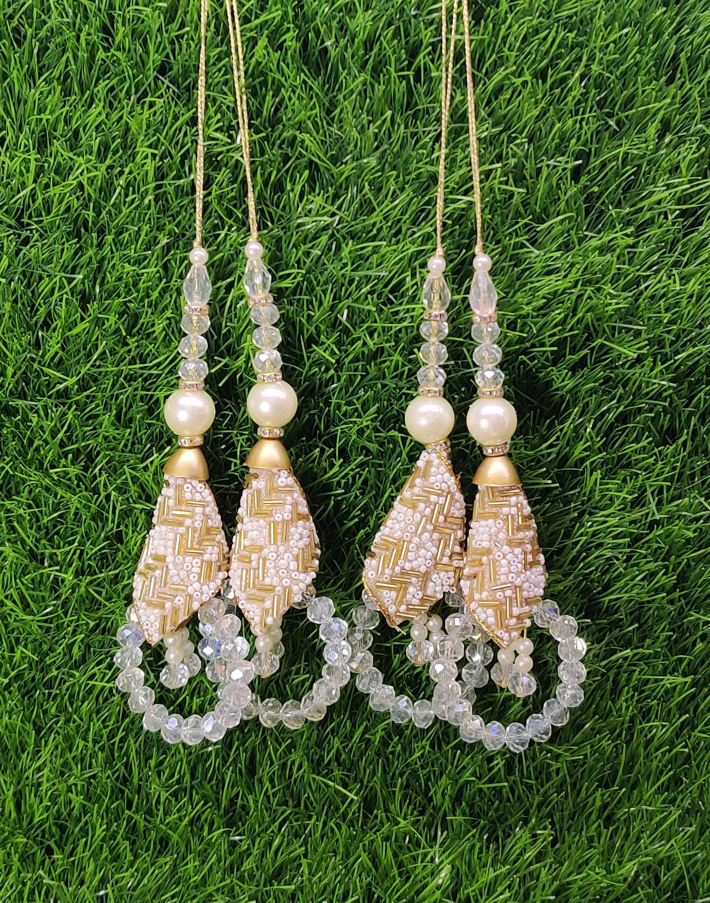 Golden/ White Indian Beaded Tassel for Saree Blouse Lehenga Embellished HandBags Dupatta Decorative dress Latkan for Women 1 Pair