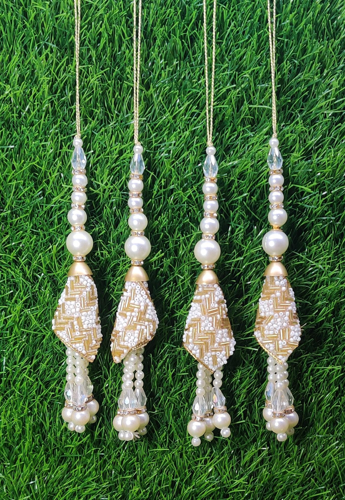 Golden White/ Golden/ Rose Gold Indian Beaded Tassel for Saree Blouse Lehenga Embellished HandBags Dupatta dress Latkan for Women 1 Pair