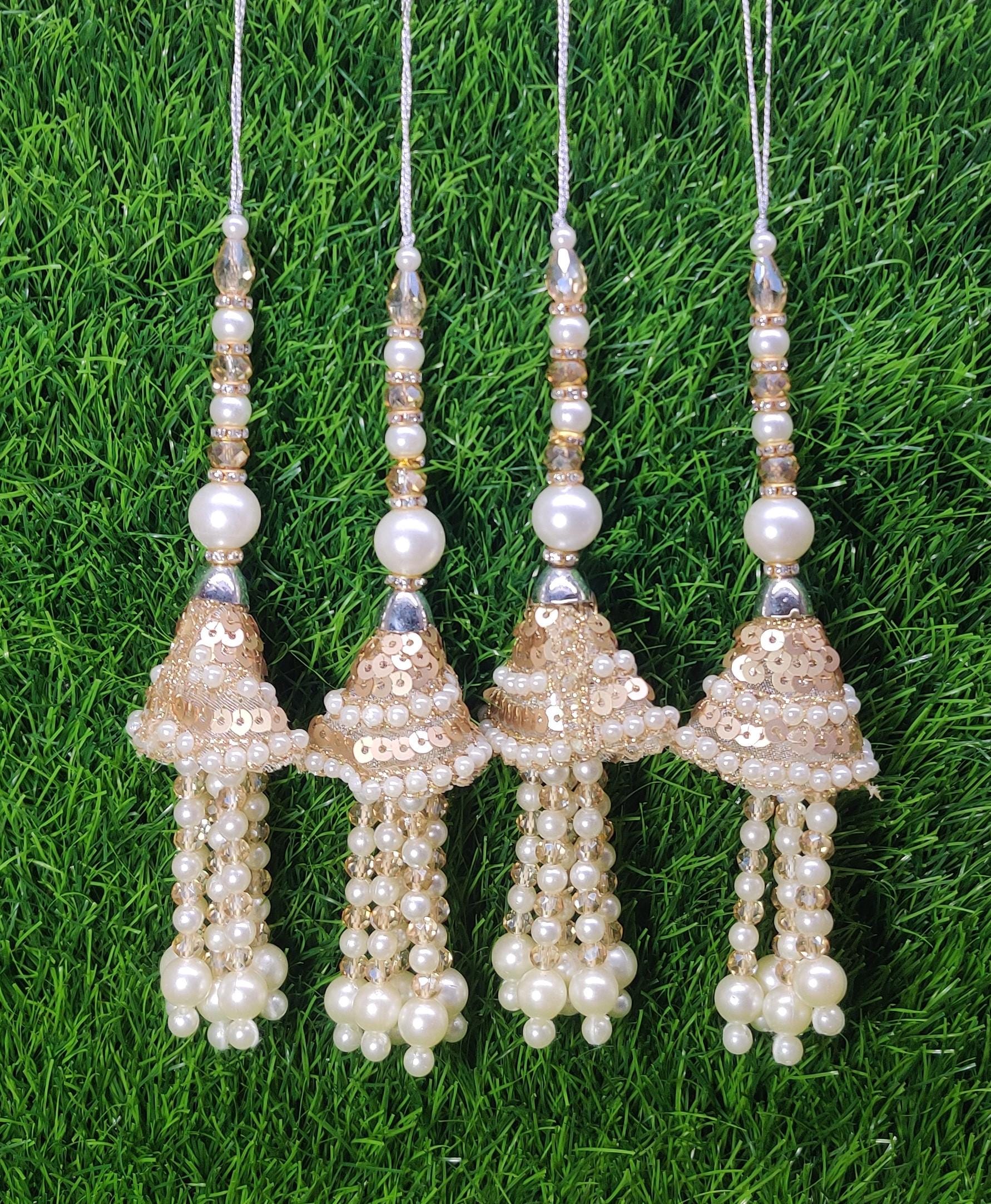 Golden White Indian Beaded Tassel for Saree Blouse Lehenga Embellished HandBags Dupatta Decorative dress Latkan for Women 1 Pair