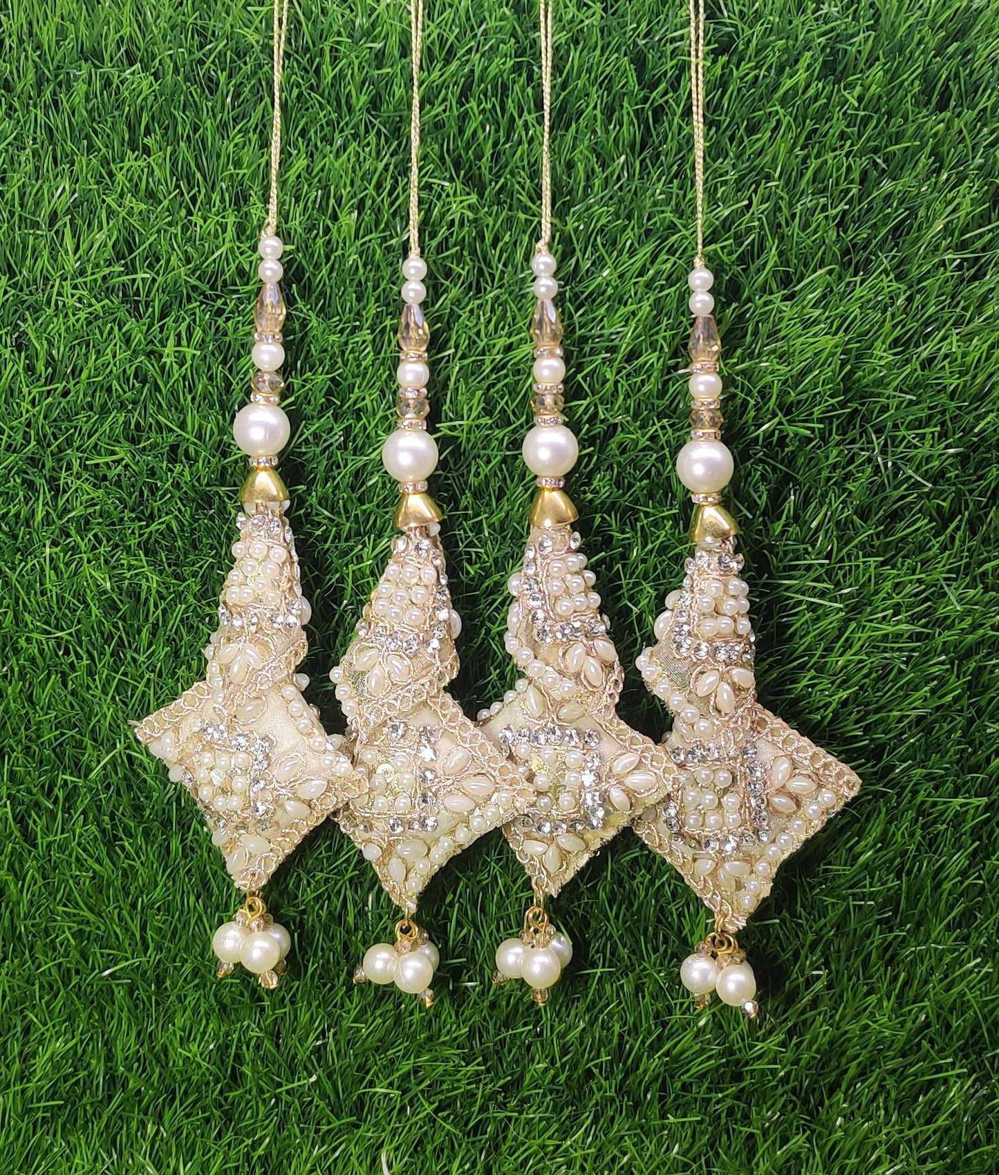 Off White Indian Beaded Cushioned Tassel for Saree Blouse Lehenga Embellished HandBags Dupatta Decorative dress Latkan for Women 1 Pair