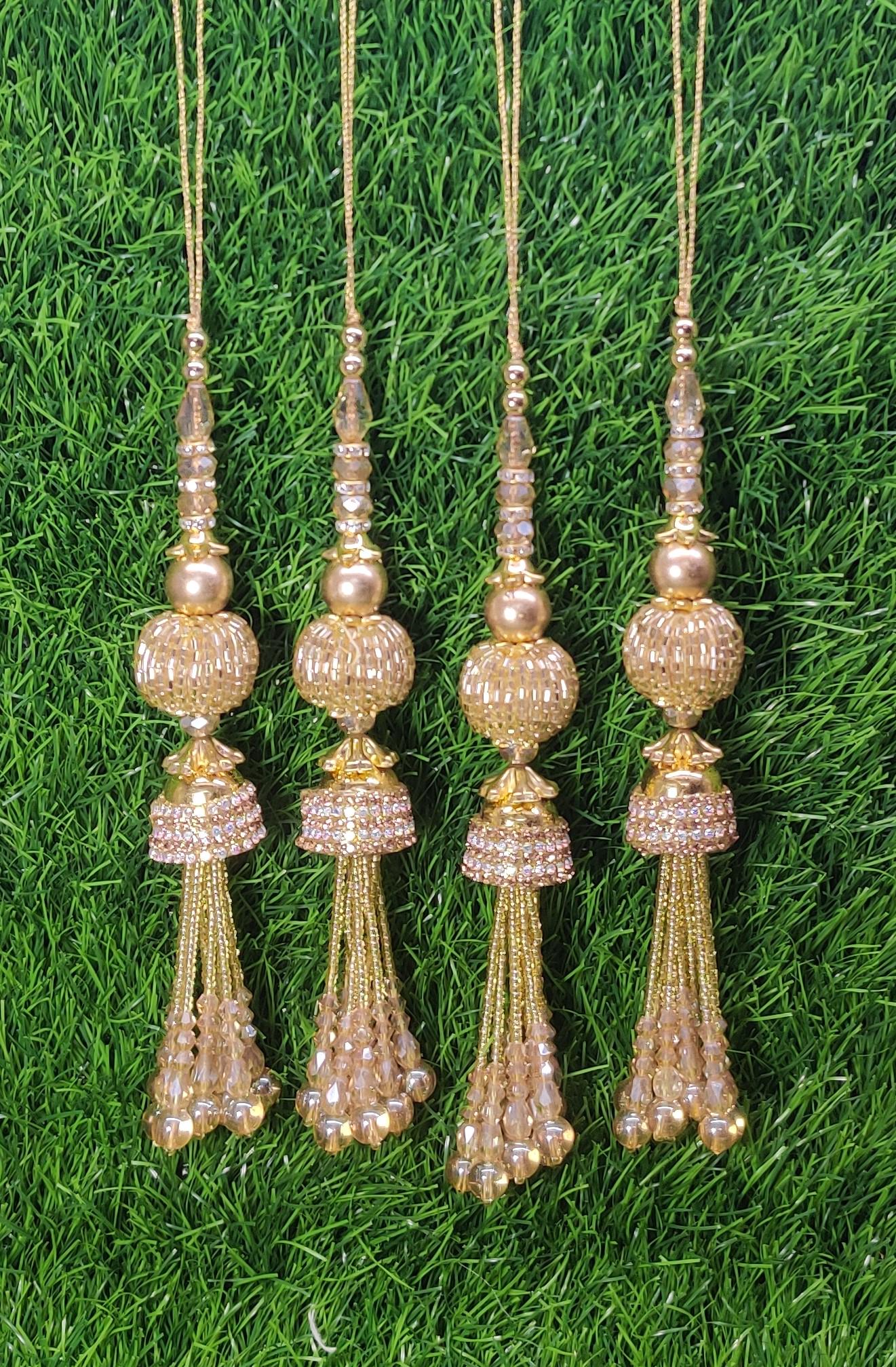 Gold Indian Beaded Tassel for Saree Blouse Lehenga Embellished HandBags Dupatta Decorative dress Latkan for Women 1 Pair