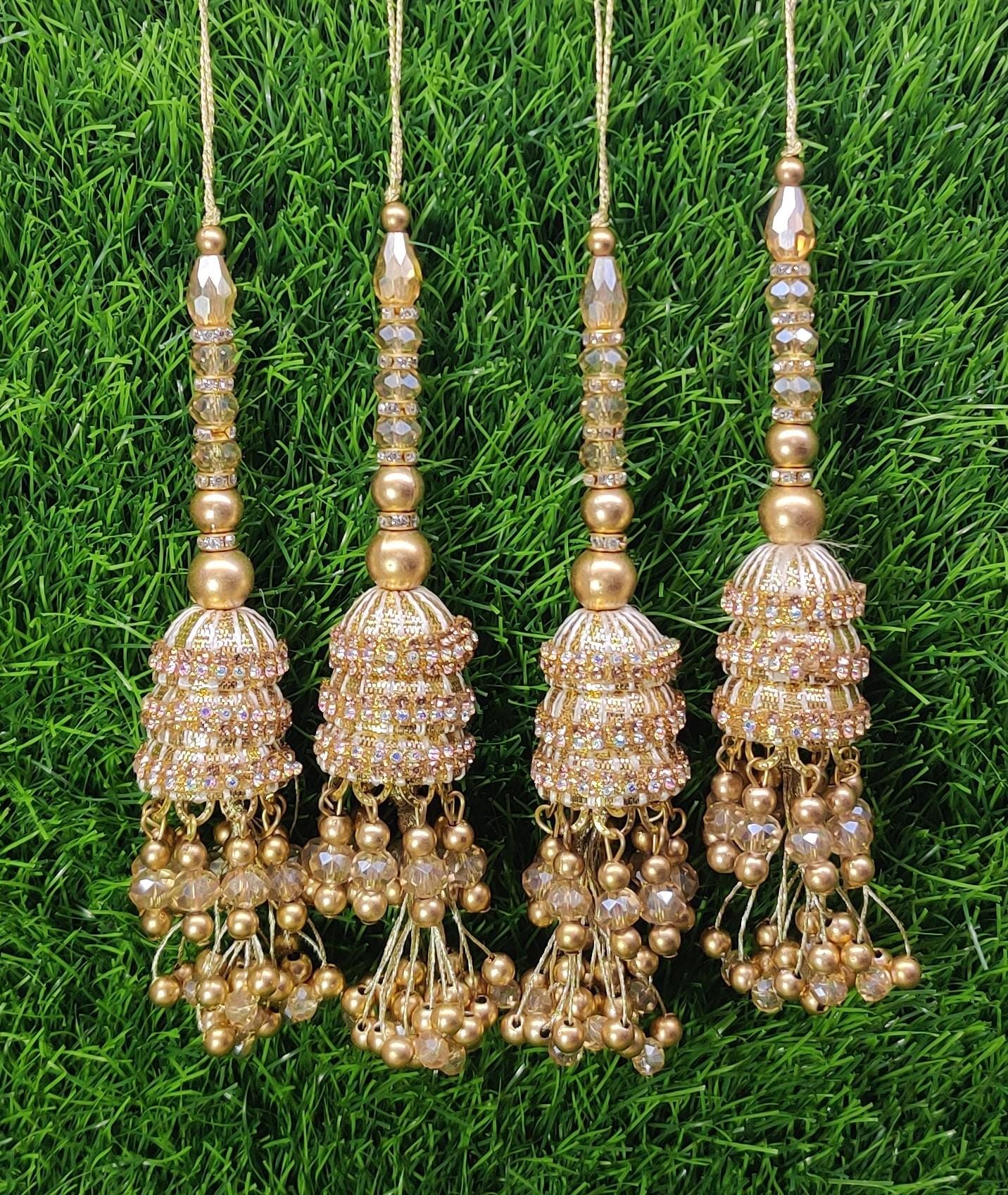 Gold Indian Beaded Tassel for Saree Blouse Lehenga Embellished HandBags Dupatta Decorative dress Latkan for Women 1 Pair