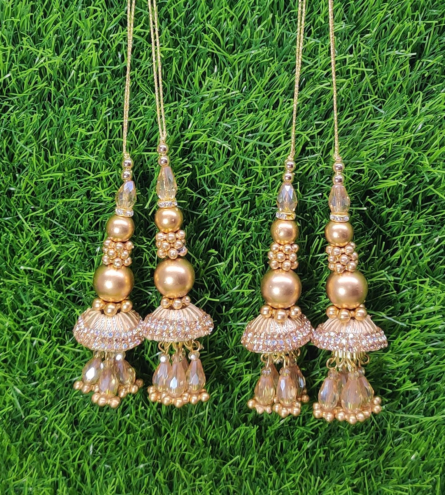 Gold Indian Beaded Tassel for Saree Blouse Lehenga Embellished HandBags Dupatta Decorative dress Latkan for Women 1 Pair