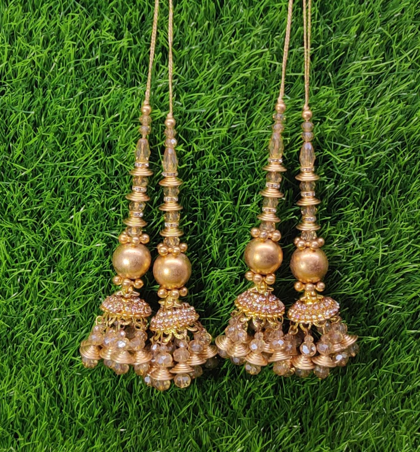 Gold Indian Beaded Tassel for Saree Blouse Lehenga Embellished HandBags Dupatta Decorative dress Latkan for Women 1 Pair