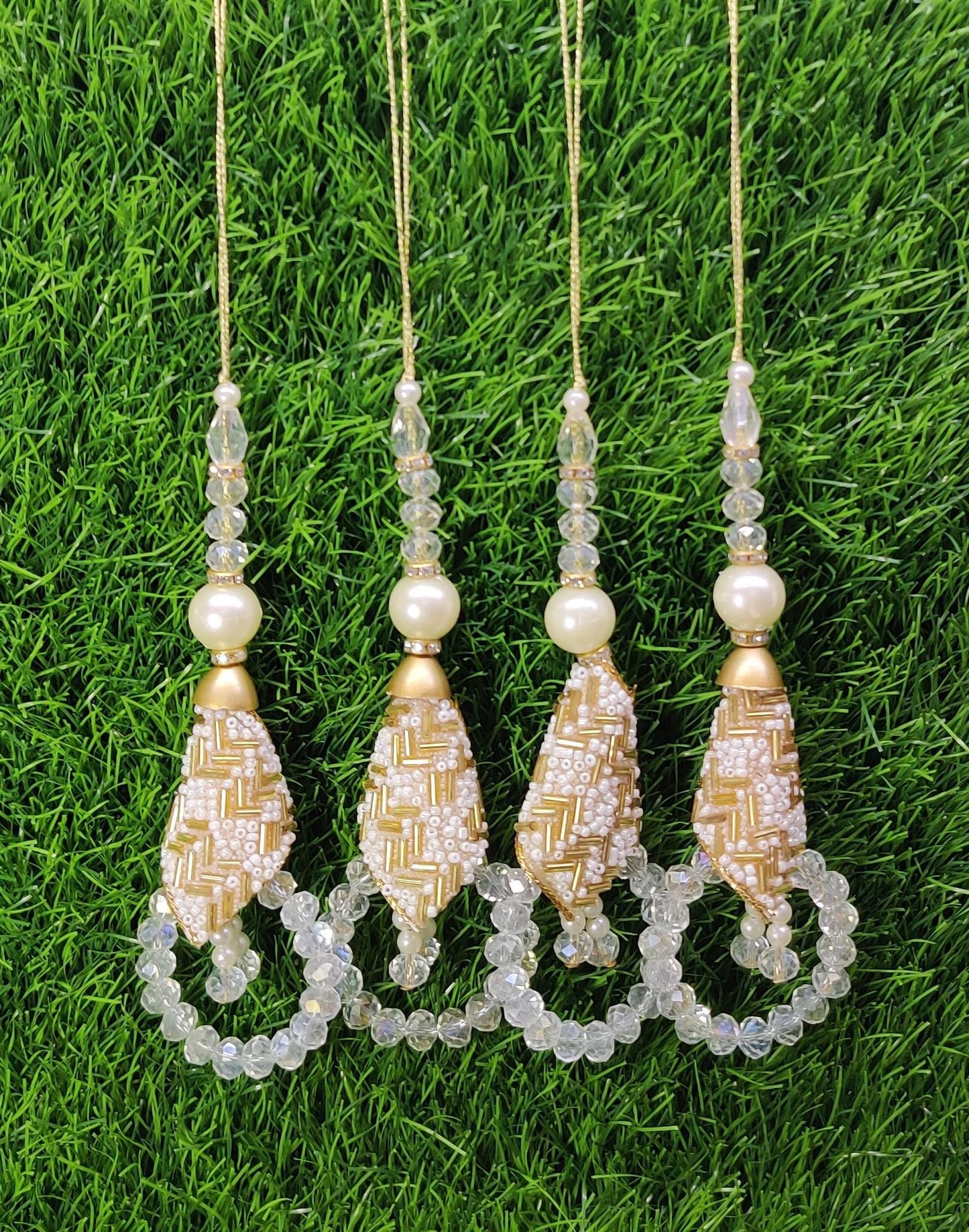 Golden/ White Indian Beaded Tassel for Saree Blouse Lehenga Embellished HandBags Dupatta Decorative dress Latkan for Women 1 Pair