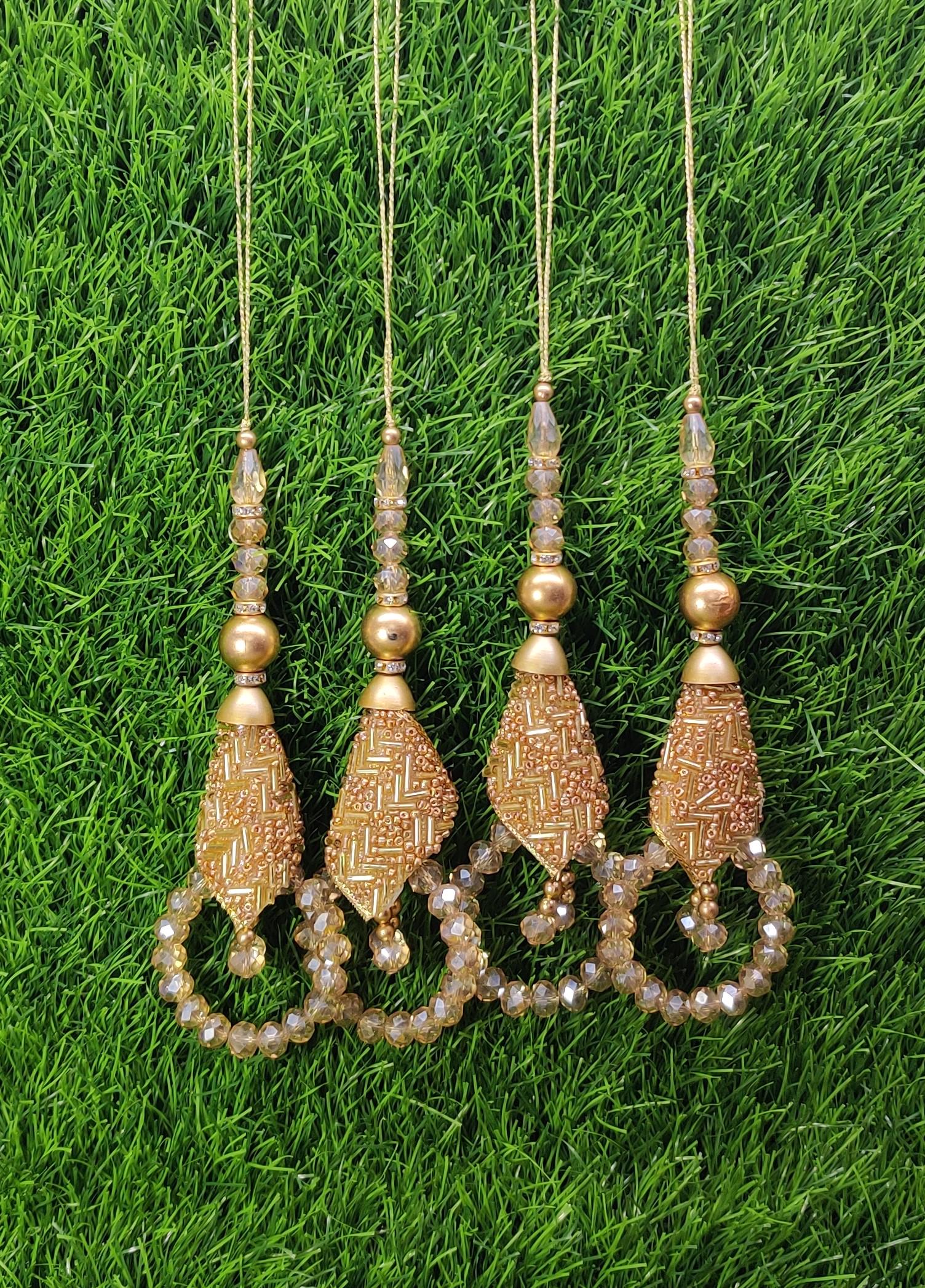Golden/ White Indian Beaded Tassel for Saree Blouse Lehenga Embellished HandBags Dupatta Decorative dress Latkan for Women 1 Pair