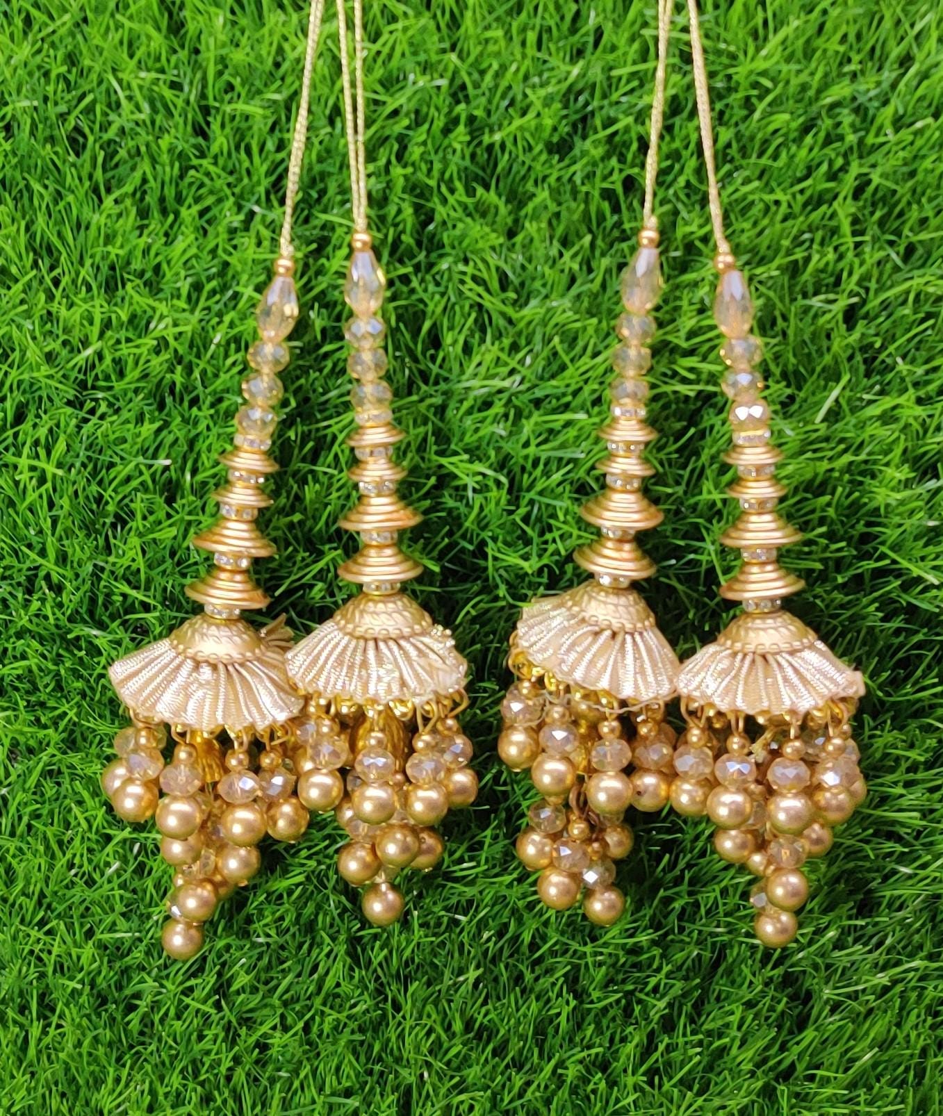 Gold Indian Beaded Tassel for Saree Blouse Lehenga Embellished HandBags Dupatta Decorative dress Latkan for Women 1 Pair