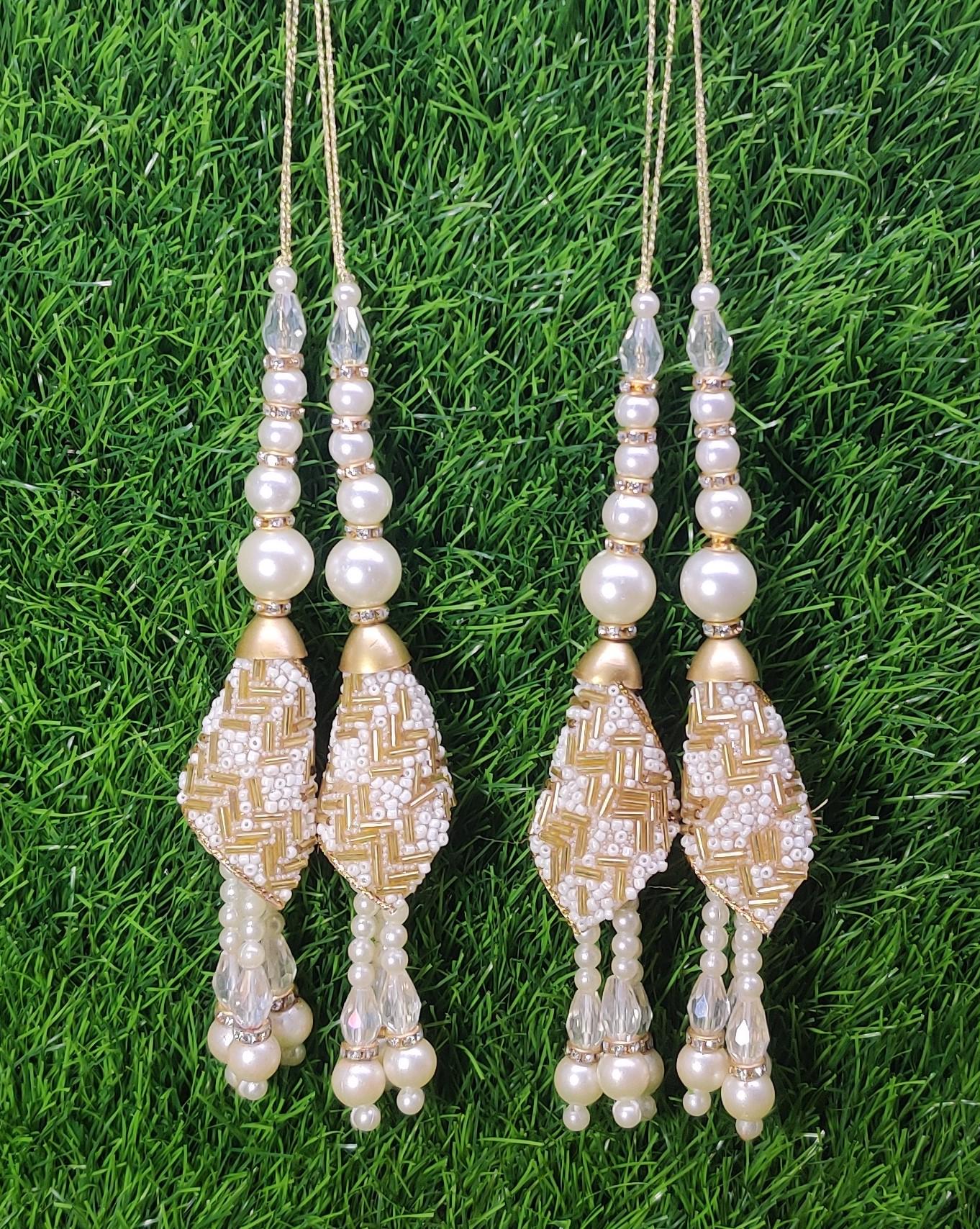 Golden White/ Golden/ Rose Gold Indian Beaded Tassel for Saree Blouse Lehenga Embellished HandBags Dupatta dress Latkan for Women 1 Pair