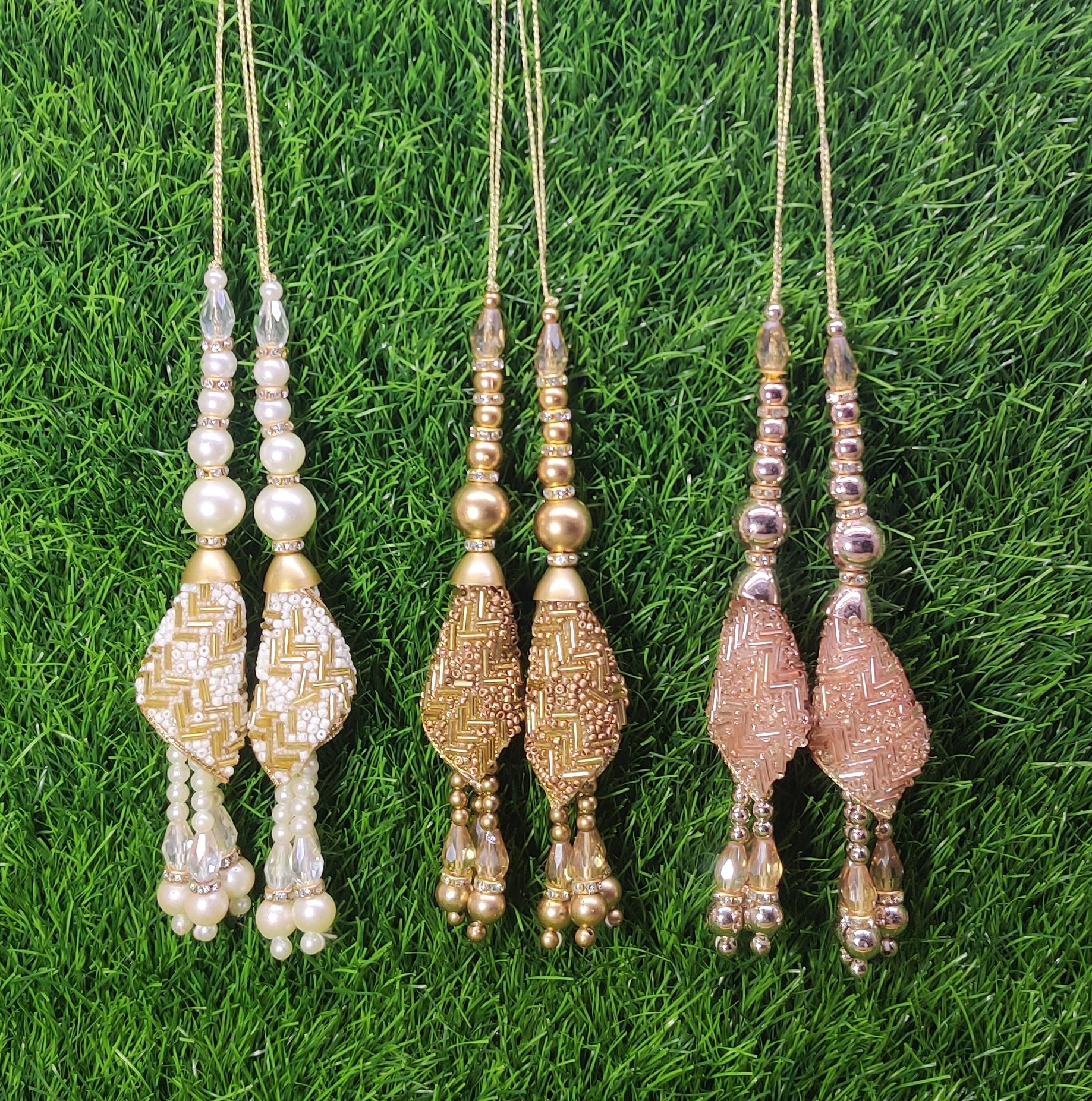 Golden White/ Golden/ Rose Gold Indian Beaded Tassel for Saree Blouse Lehenga Embellished HandBags Dupatta dress Latkan for Women 1 Pair