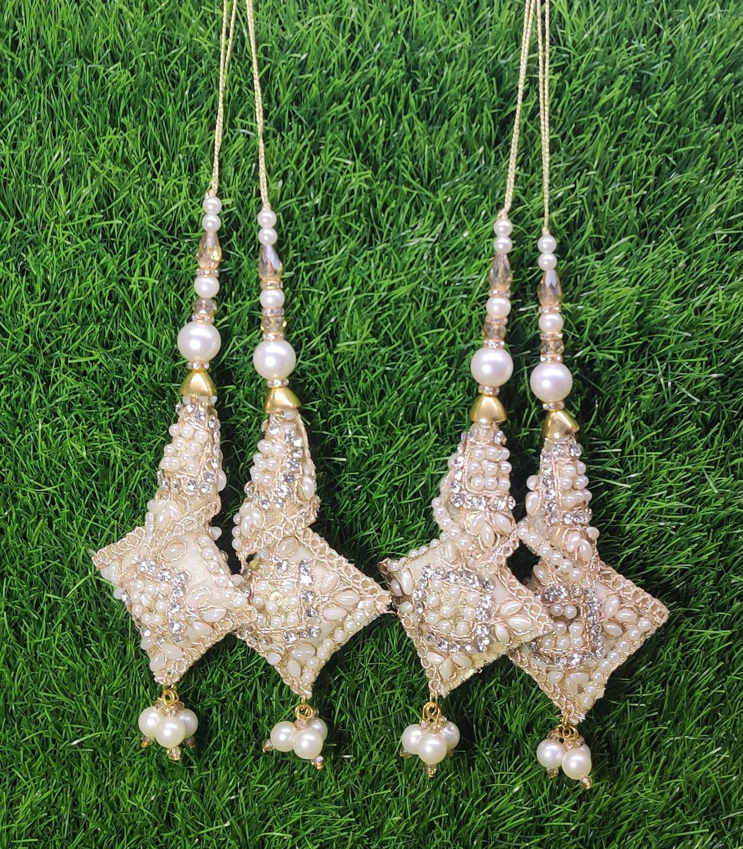 Off White Indian Beaded Cushioned Tassel for Saree Blouse Lehenga Embellished HandBags Dupatta Decorative dress Latkan for Women 1 Pair