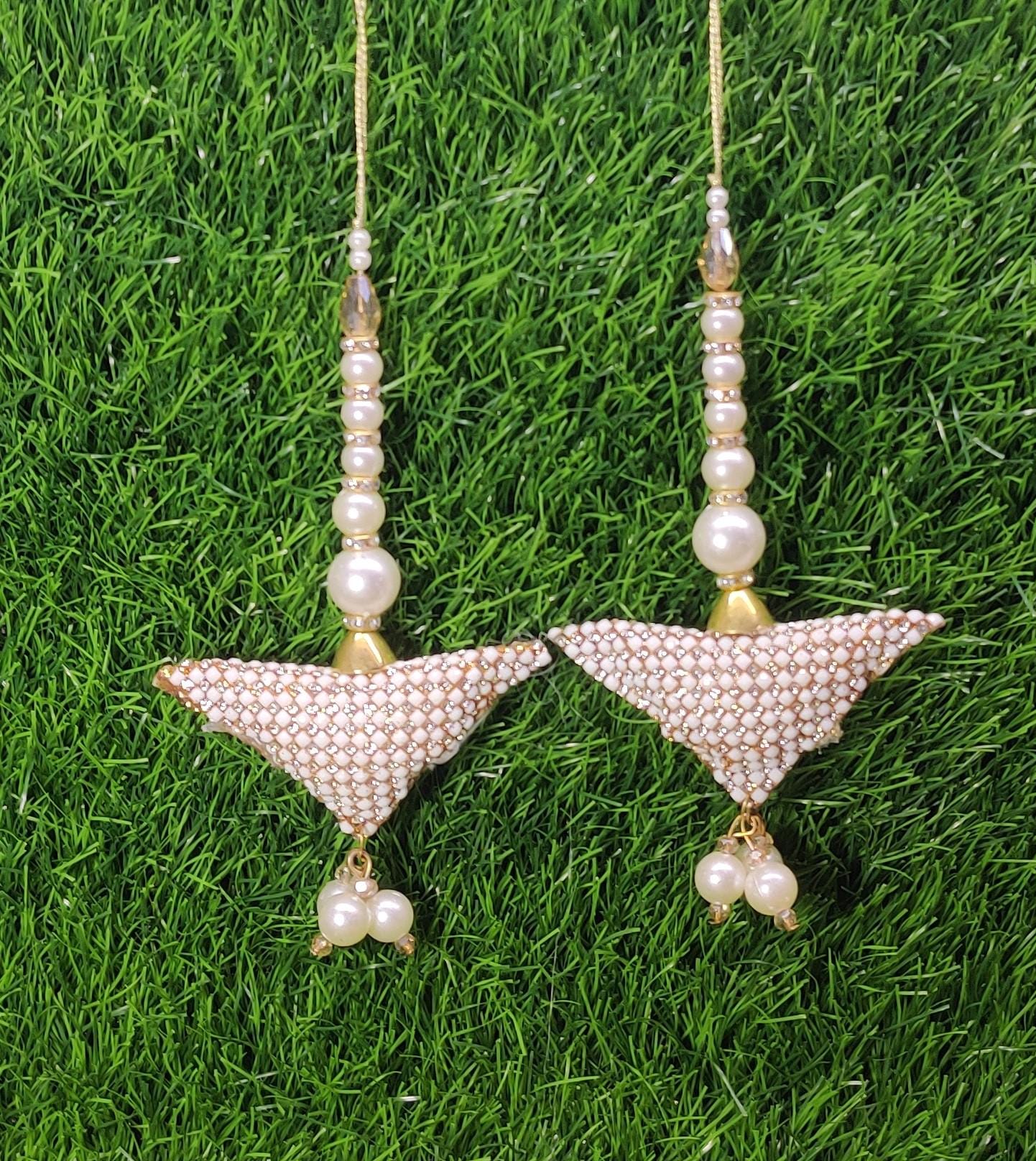 White Indian Beaded Cushioned Tassel for Saree Blouse Lehenga Embellished HandBags Dupatta Decorative dress Latkan for Women 1 Pair