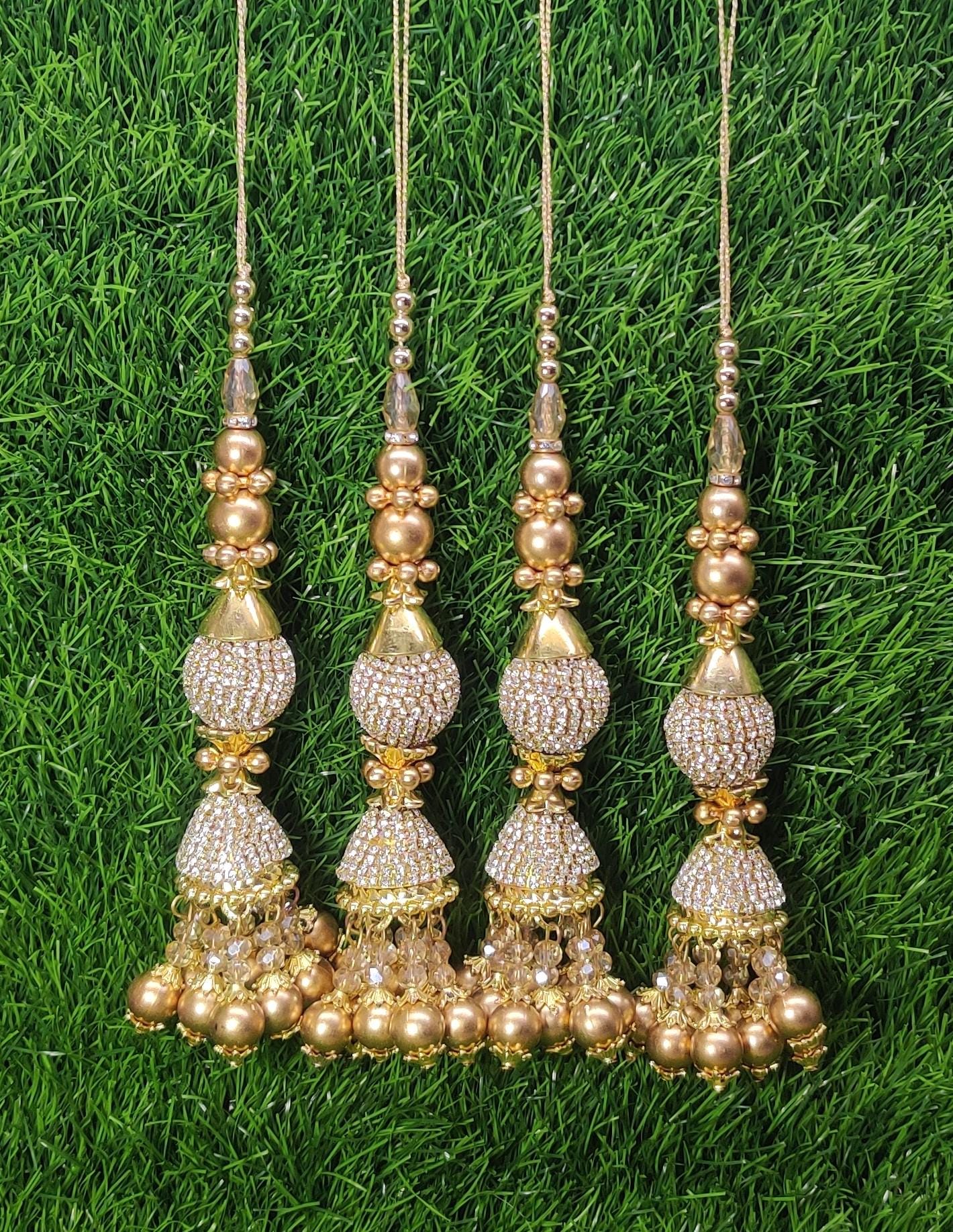 Gold Indian Beaded Tassel for Saree Blouse Lehenga Embellished HandBags Dupatta Decorative dress Latkan for Women 1 Pair