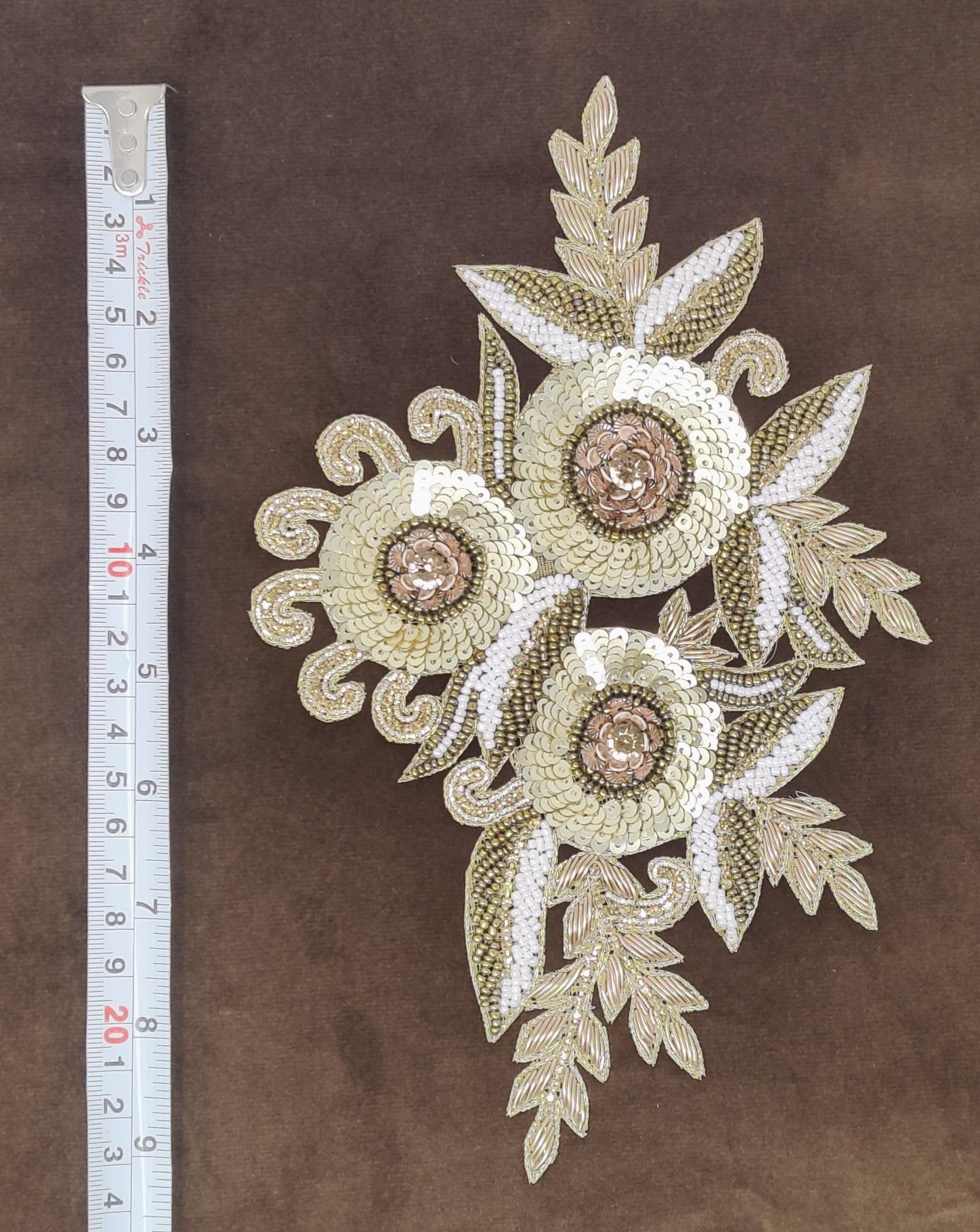Handmade Indian Beaded Antique Gold Shoulder Applique Patch - Sewing Embellishment for Dresses, Cushions, Crafting, and Bags, 1 Piece