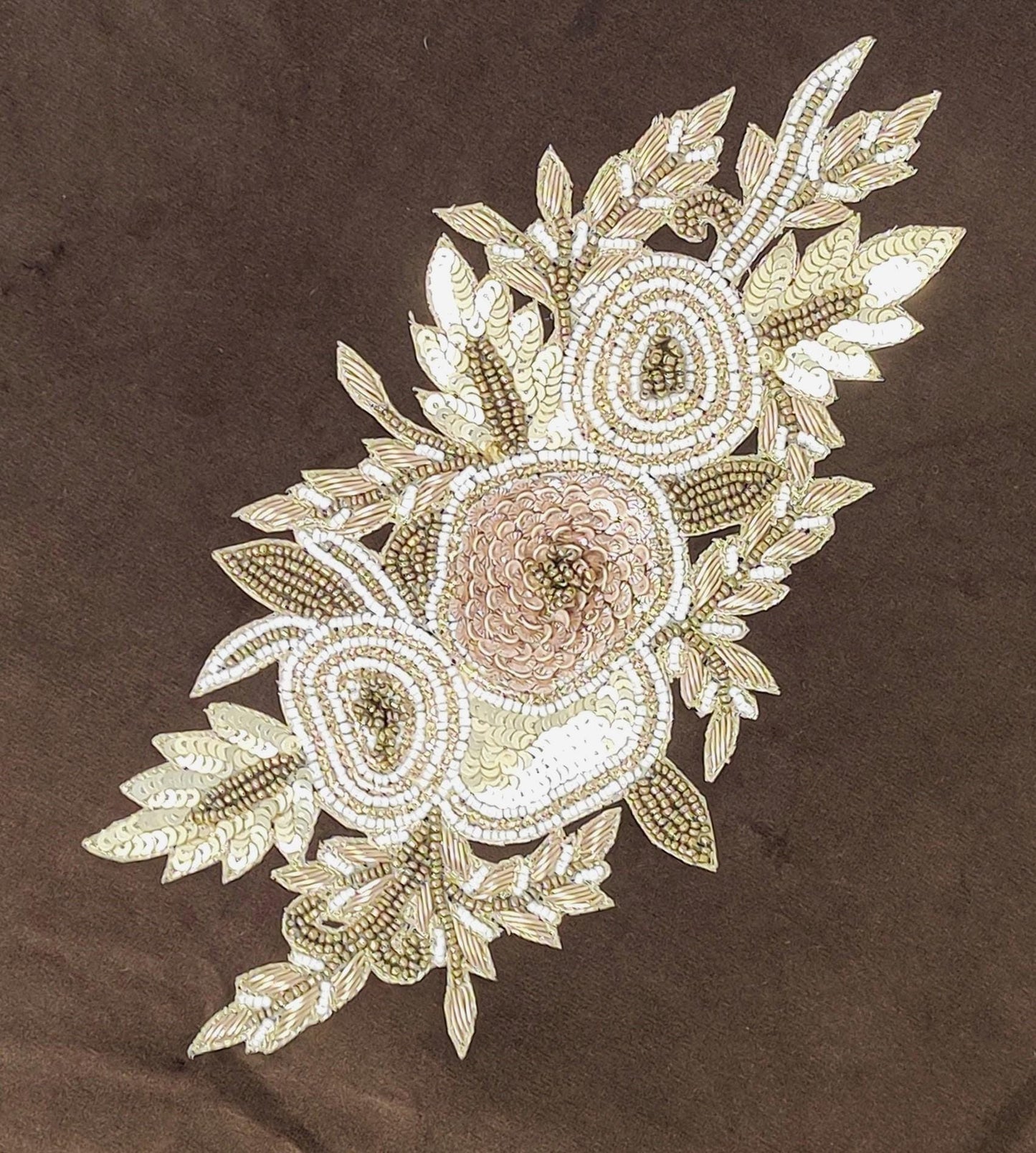 Handmade Indian Beaded Antique Gold Shoulder Applique Patch - Sewing Embellishment for Dresses, Cushions, Crafting, and Bags, 1 Piece