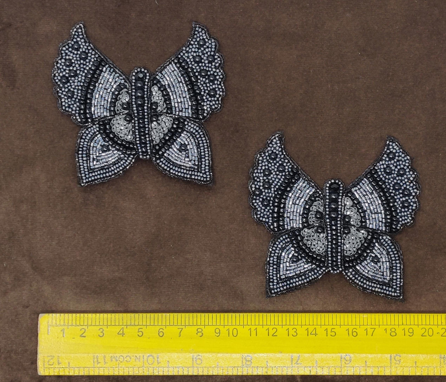 Handmade Indian Beaded Grey Black Butterfly Shoulder Applique Patch Sewing Embellishment for Dresses, Cushions, Crafting, and Bags, 1 Piece