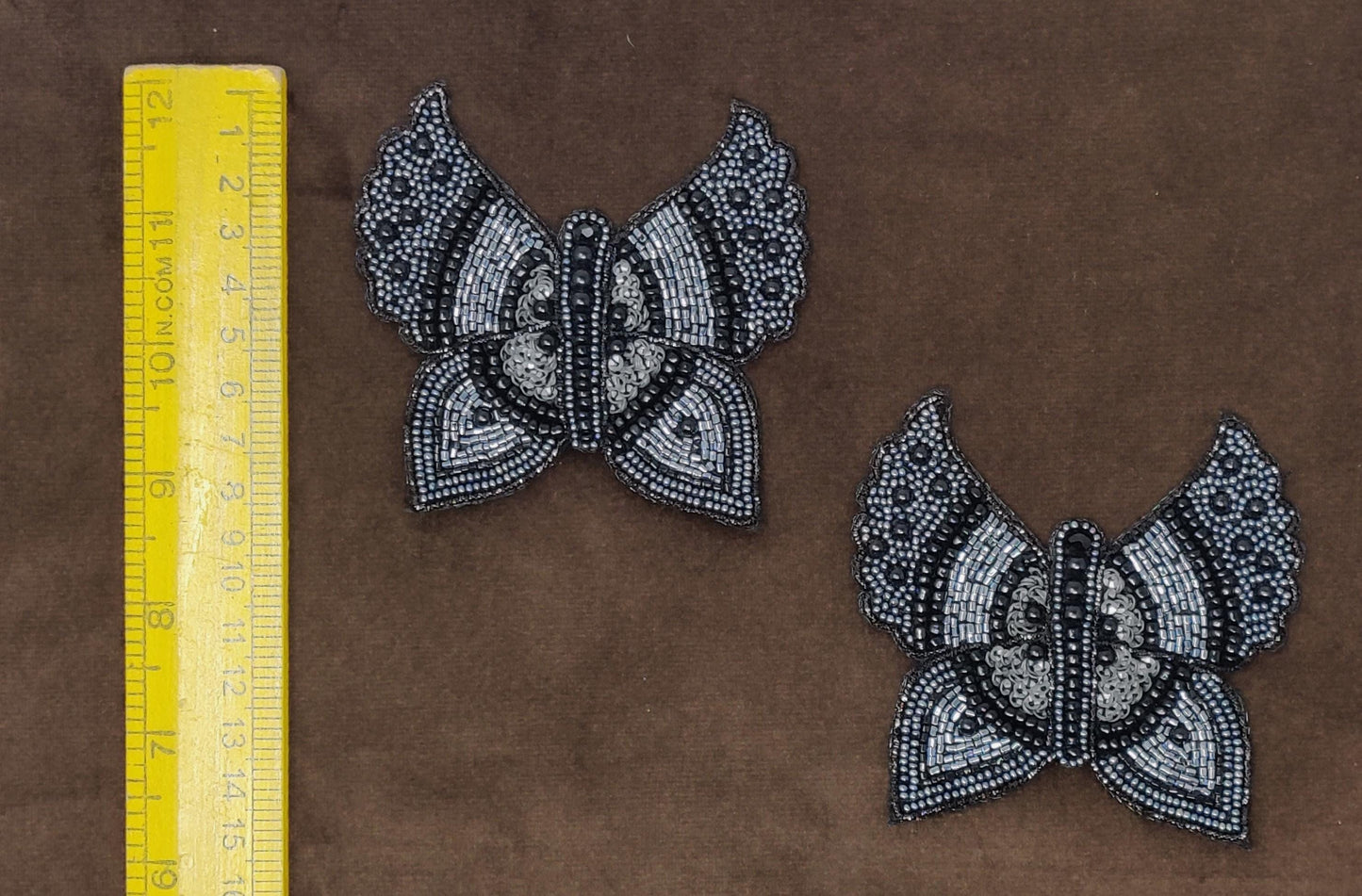 Handmade Indian Beaded Grey Black Butterfly Shoulder Applique Patch Sewing Embellishment for Dresses, Cushions, Crafting, and Bags, 1 Piece
