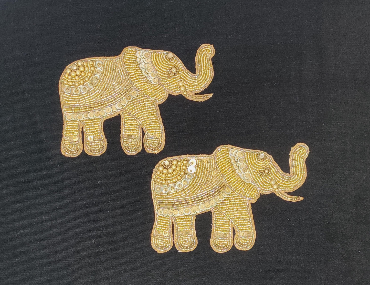 Handmade Indian Beaded Golden Elephant Shoulder Applique Patch - Sewing Embellishment for Dresses, Cushions, Crafting, and Bags, 1 Piece