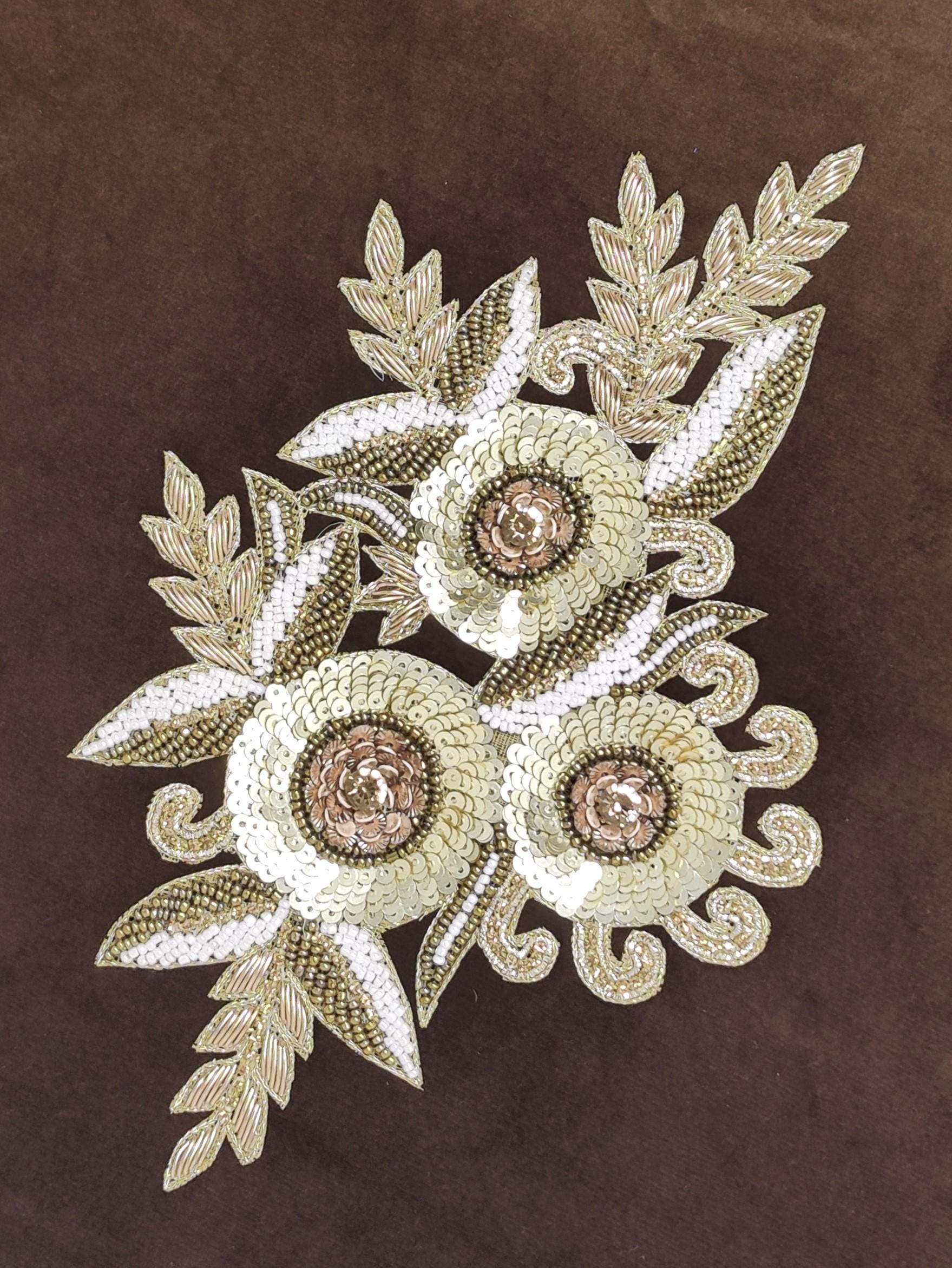 Handmade Indian Beaded Antique Gold Shoulder Applique Patch - Sewing Embellishment for Dresses, Cushions, Crafting, and Bags, 1 Piece