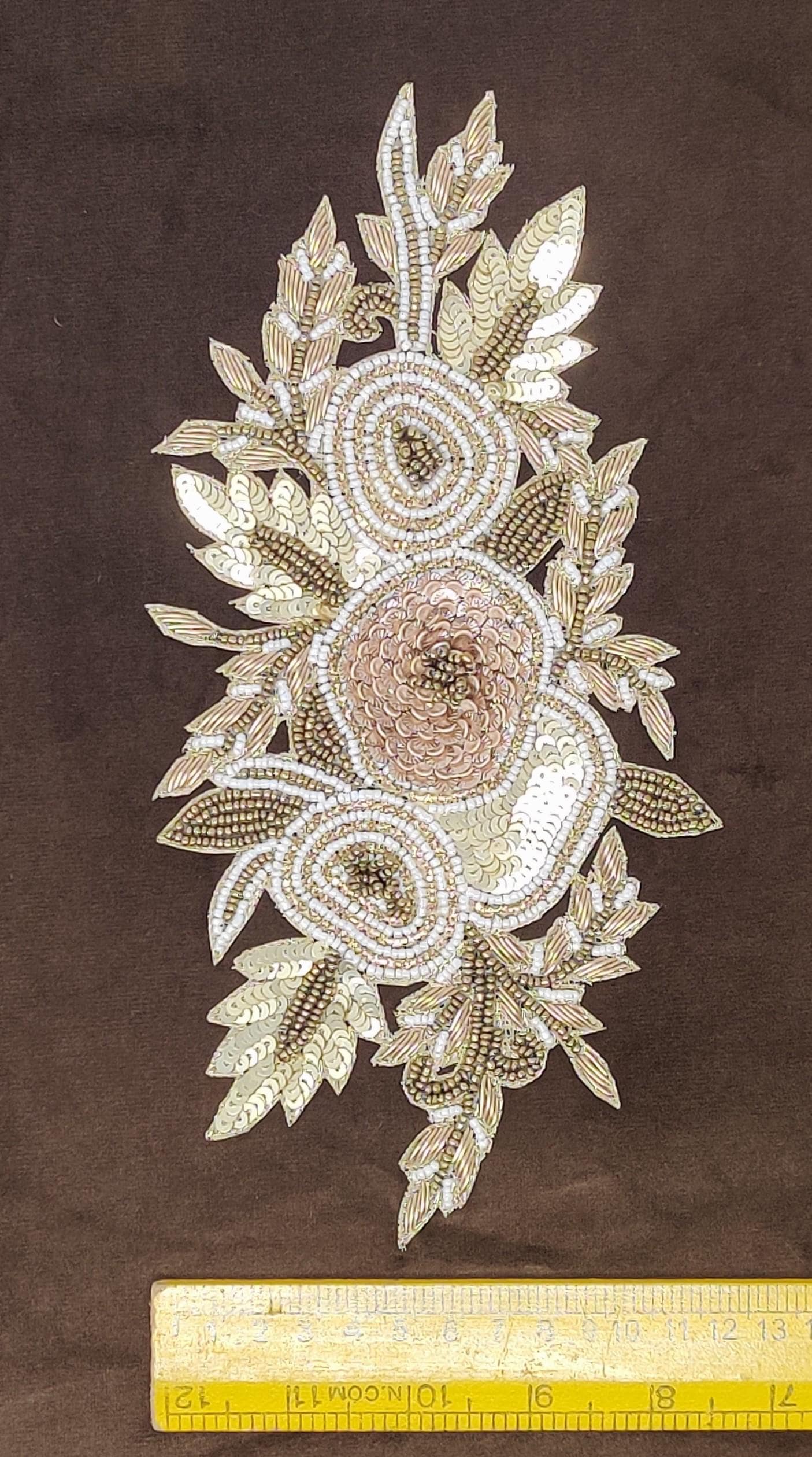 Handmade Indian Beaded Antique Gold Shoulder Applique Patch - Sewing Embellishment for Dresses, Cushions, Crafting, and Bags, 1 Piece
