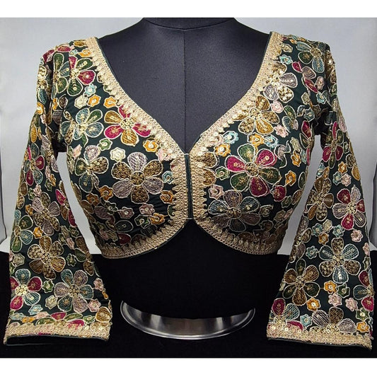 Indian designer Blue color Sequin Embroidered stitched blouse, Readymade Indian Bridal Saree Blouse, latest design blouse for women