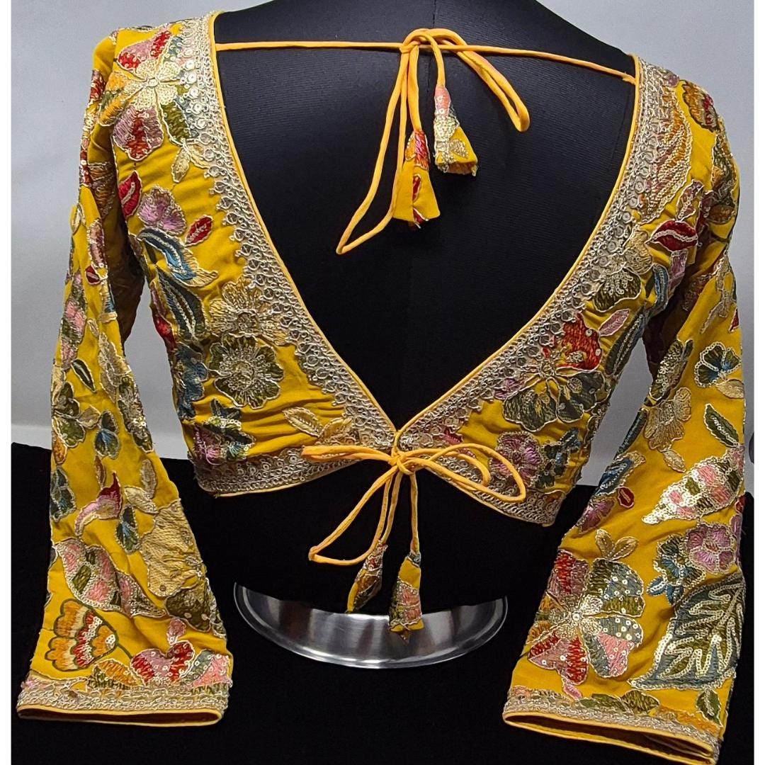 Indian designer Yellow color Sequin Embroidered stitched blouse, Readymade Indian Bridal Saree Blouse, latest design blouse for women