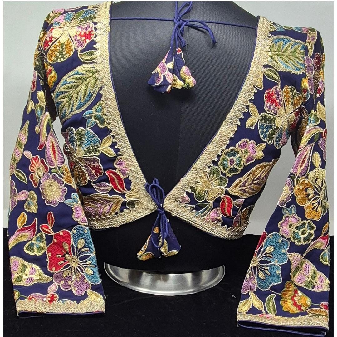 Indian designer Blue color Sequin Embroidered stitched blouse, Readymade Indian Bridal Saree Blouse, latest design blouse for women