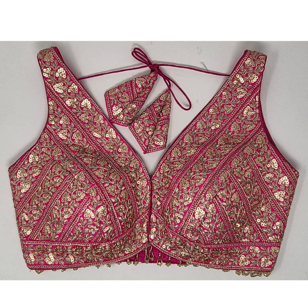 Indian designer Hot Pink color Sequin zari Embroidered stitched blouse, Readymade Indian Bridal Saree Blouse, latest design blouse for women