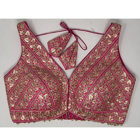 Indian designer Hot Pink color Sequin zari Embroidered stitched blouse, Readymade Indian Bridal Saree Blouse, latest design blouse for women