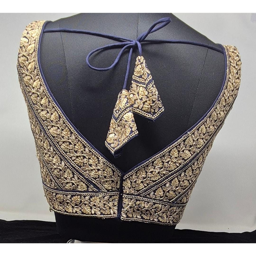 Indian designer Navy Blue color Sequin zari Embroidered stitched blouse Readymade Indian Bridal Saree Blouse, latest design blouse for women