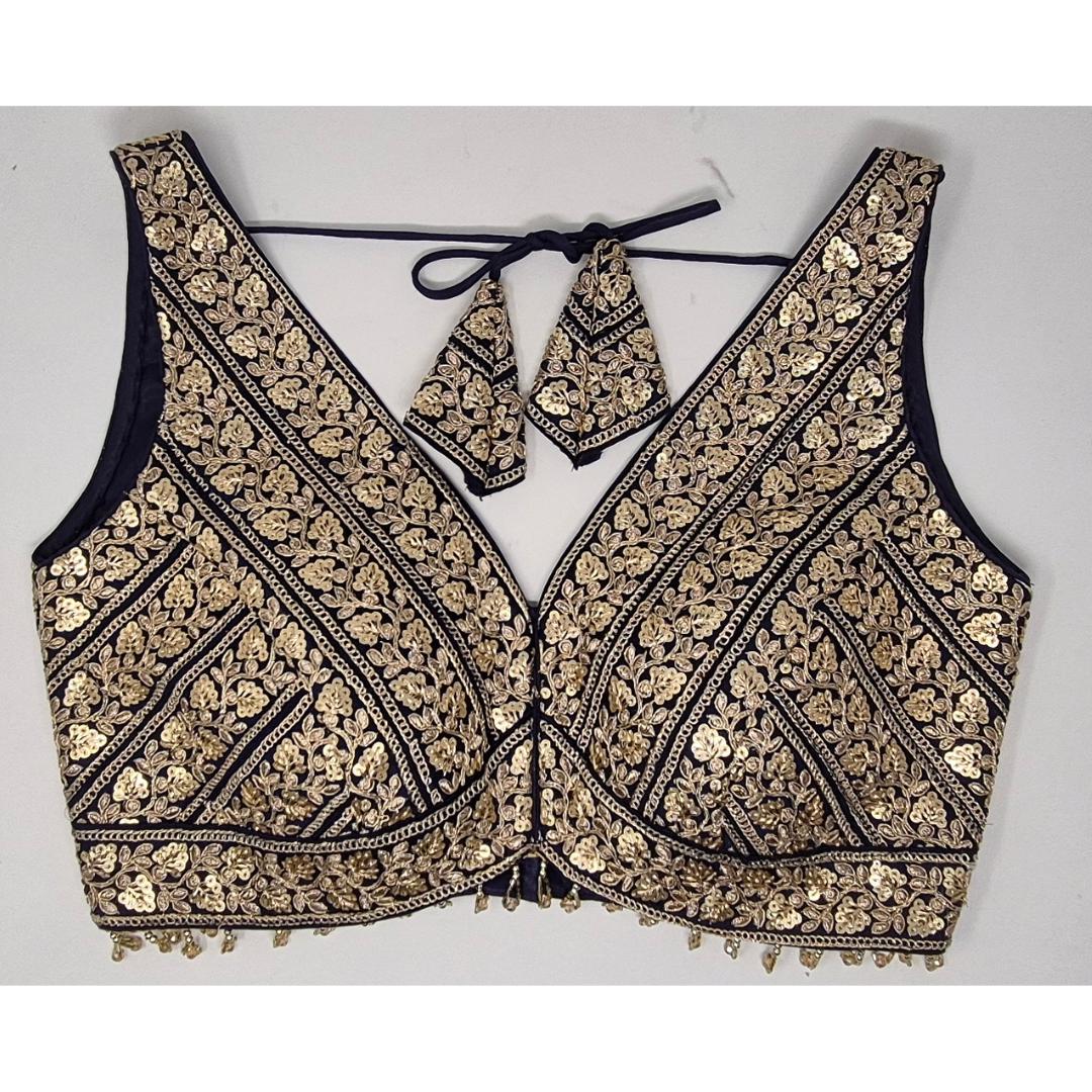 Indian designer Navy Blue color Sequin zari Embroidered stitched blouse Readymade Indian Bridal Saree Blouse, latest design blouse for women