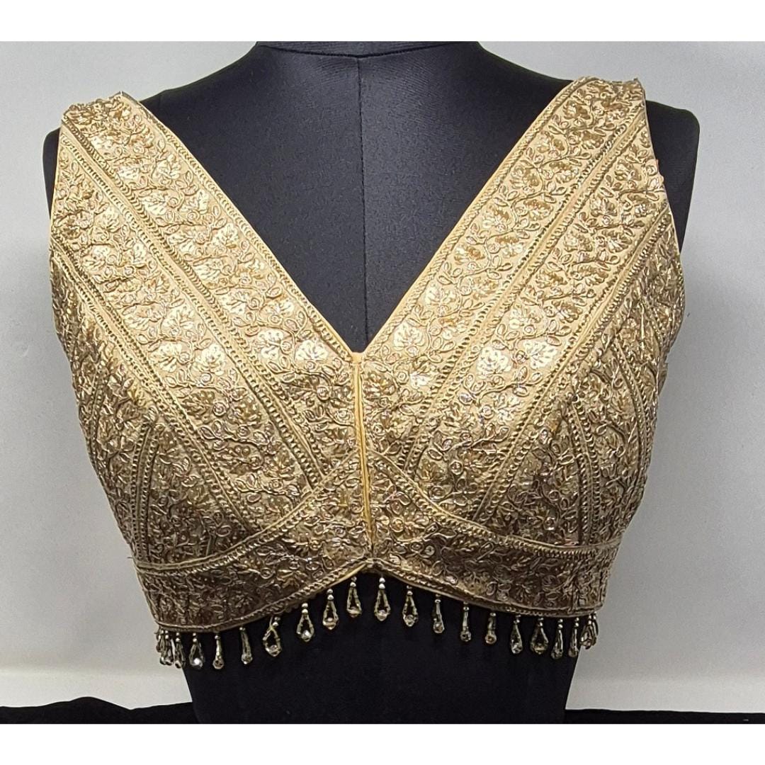 Indian designer Lt Golden color Sequin zari Embroidered stitched blouse Readymade Indian Bridal Saree Blouse, latest design blouse for women